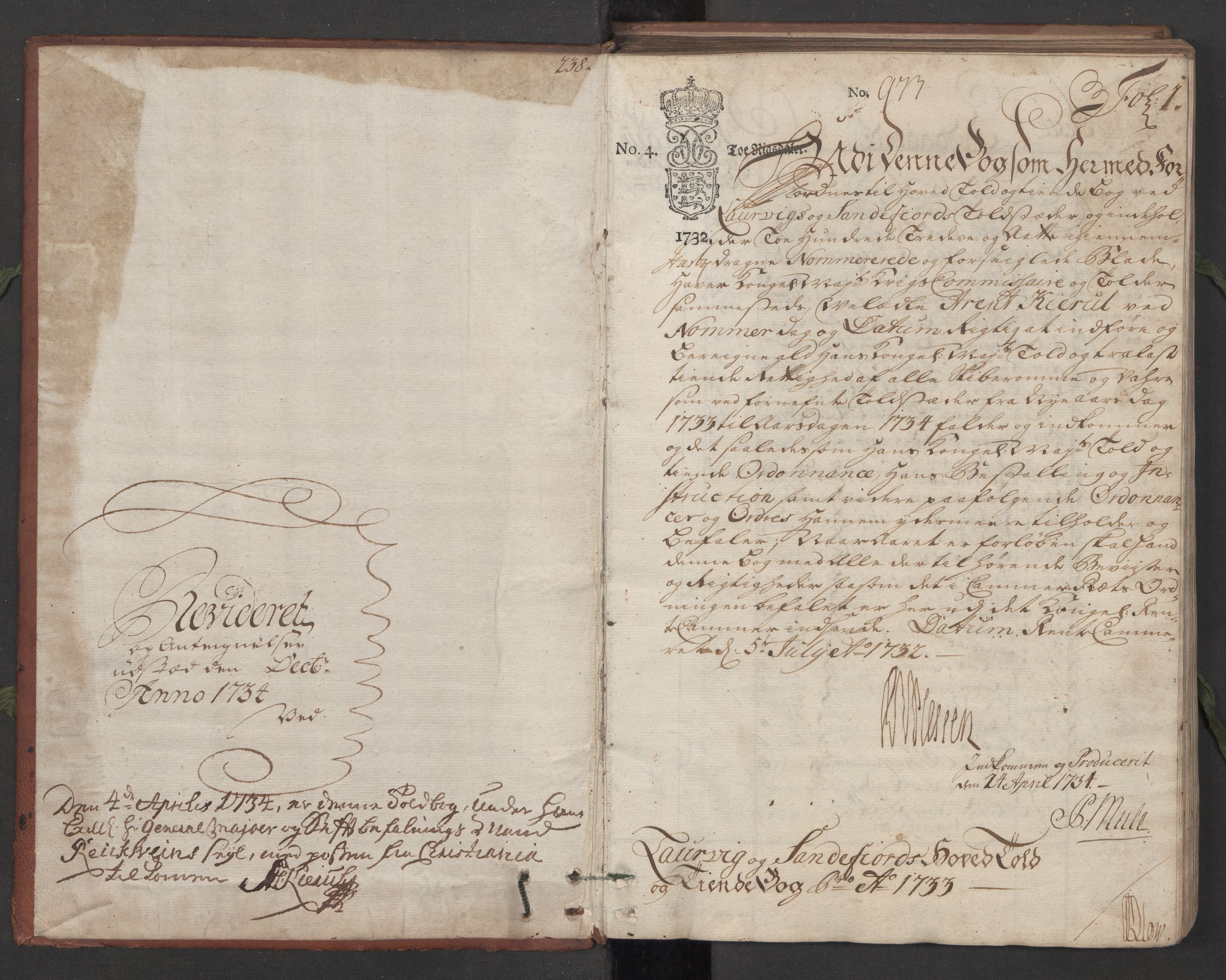 Generaltollkammeret, tollregnskaper, AV/RA-EA-5490/R11/L0015a/0001: Tollregnskaper Larvik og Sandefjord / Hovedtollbok, 1733, p. 1a