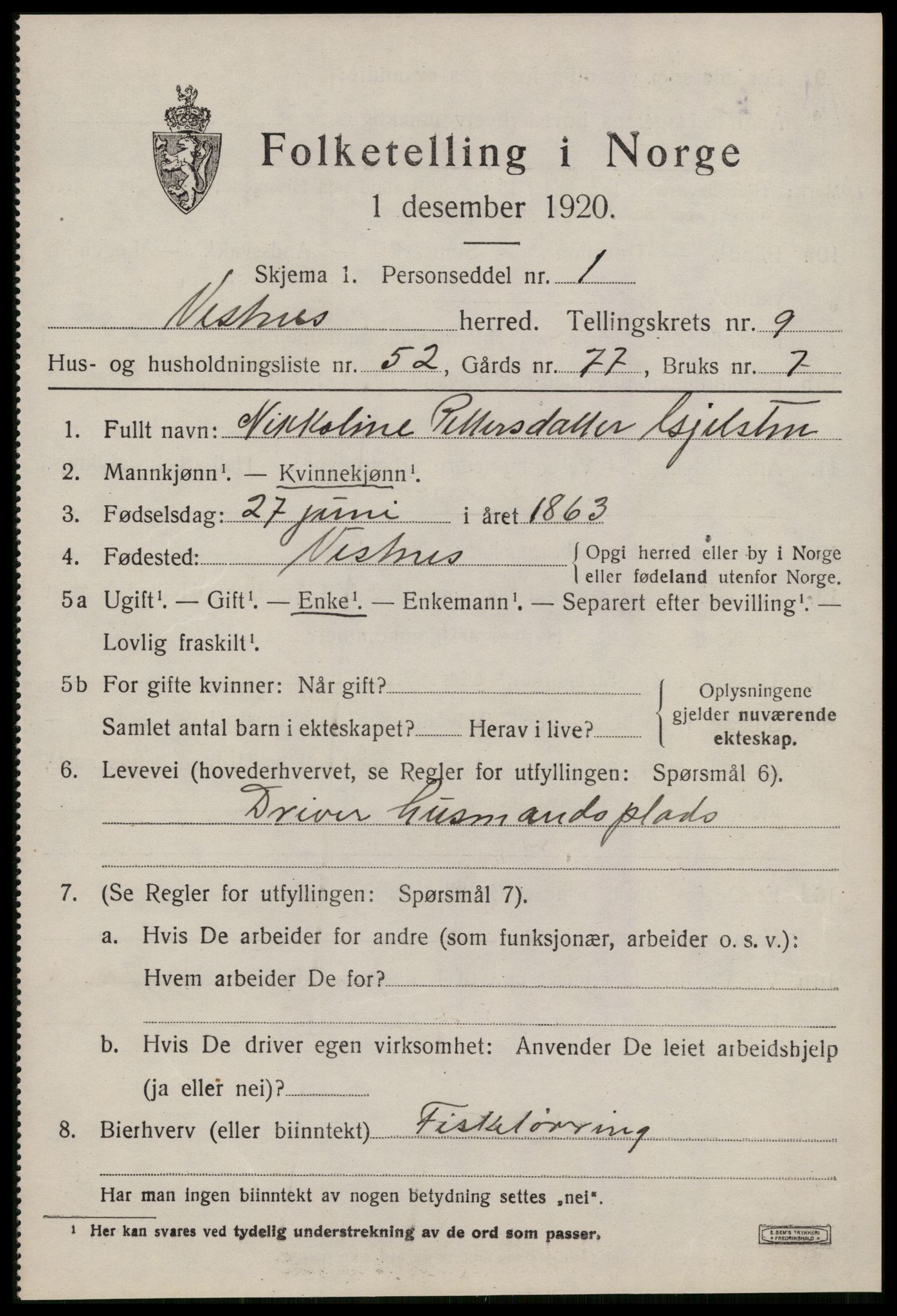 SAT, 1920 census for Vestnes, 1920, p. 6485