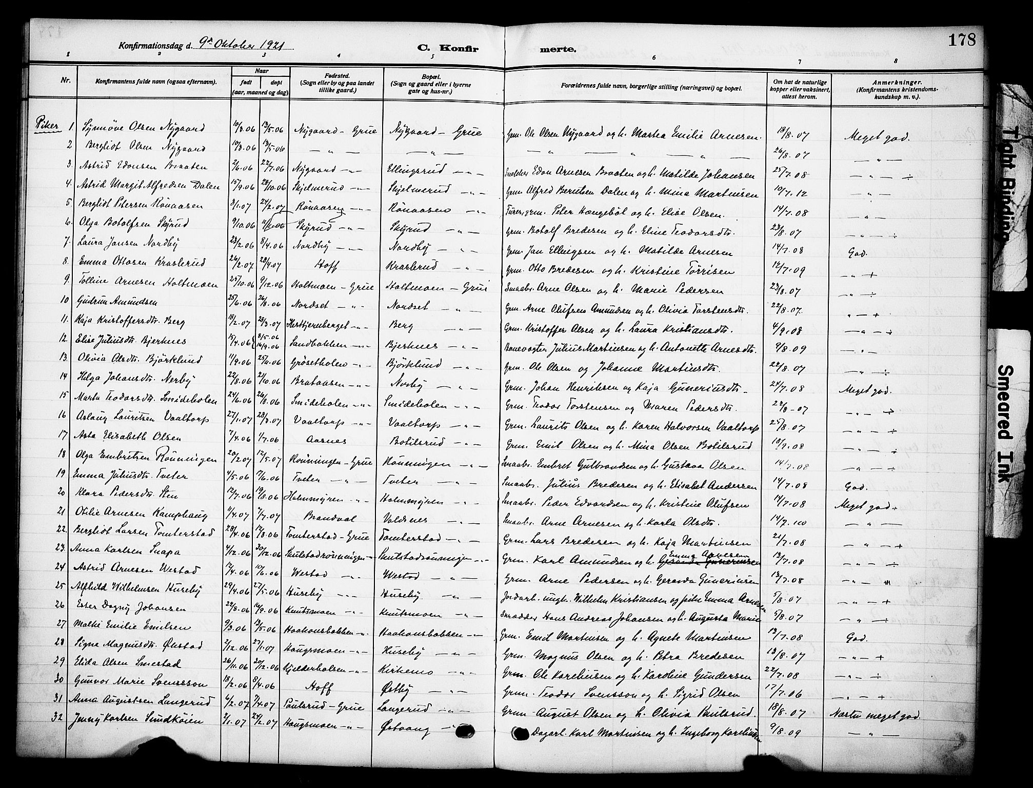Grue prestekontor, SAH/PREST-036/H/Ha/Haa/L0015: Parish register (official) no. 15, 1911-1922, p. 178