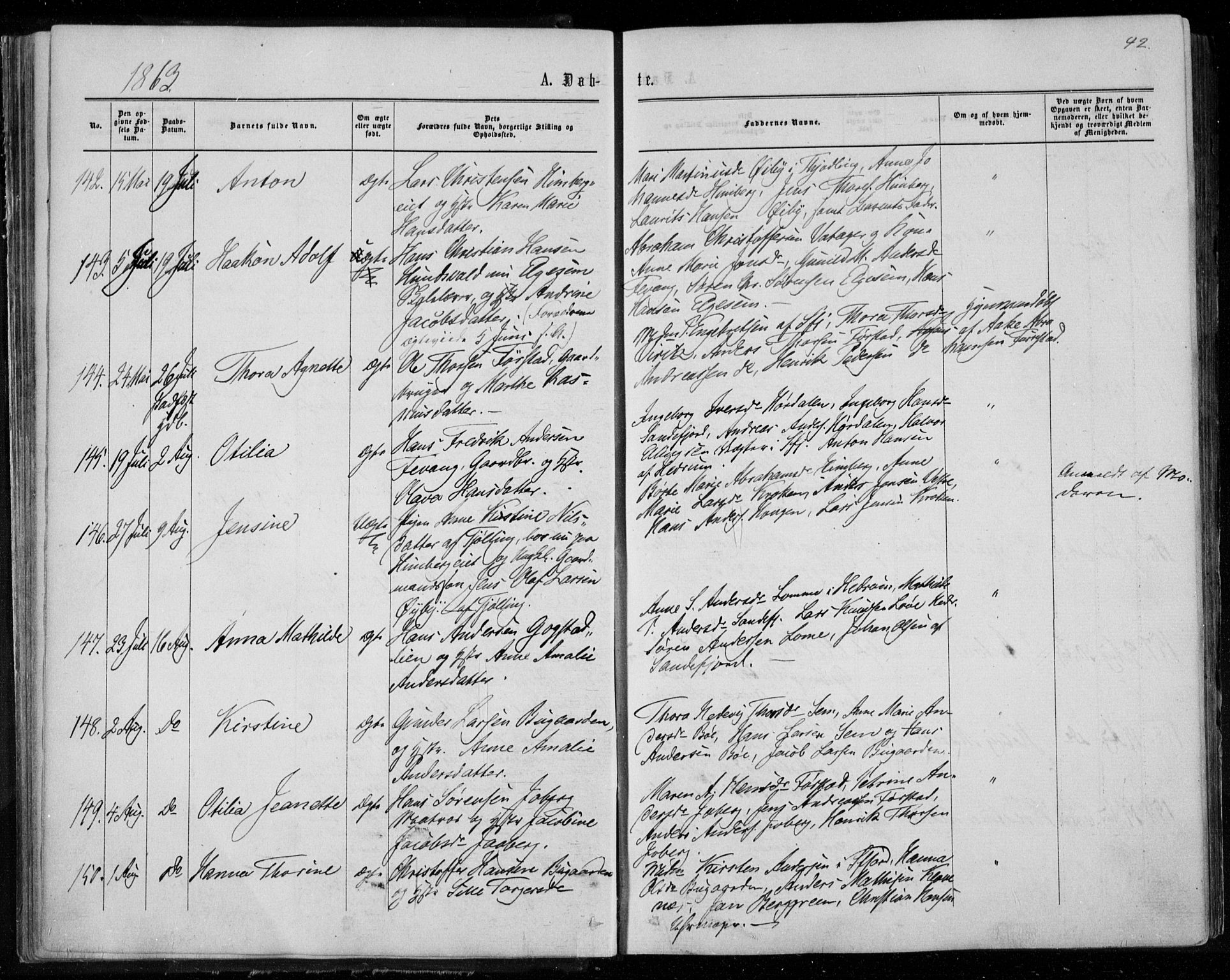 Sandar kirkebøker, SAKO/A-243/F/Fa/L0008: Parish register (official) no. 8, 1862-1871, p. 42