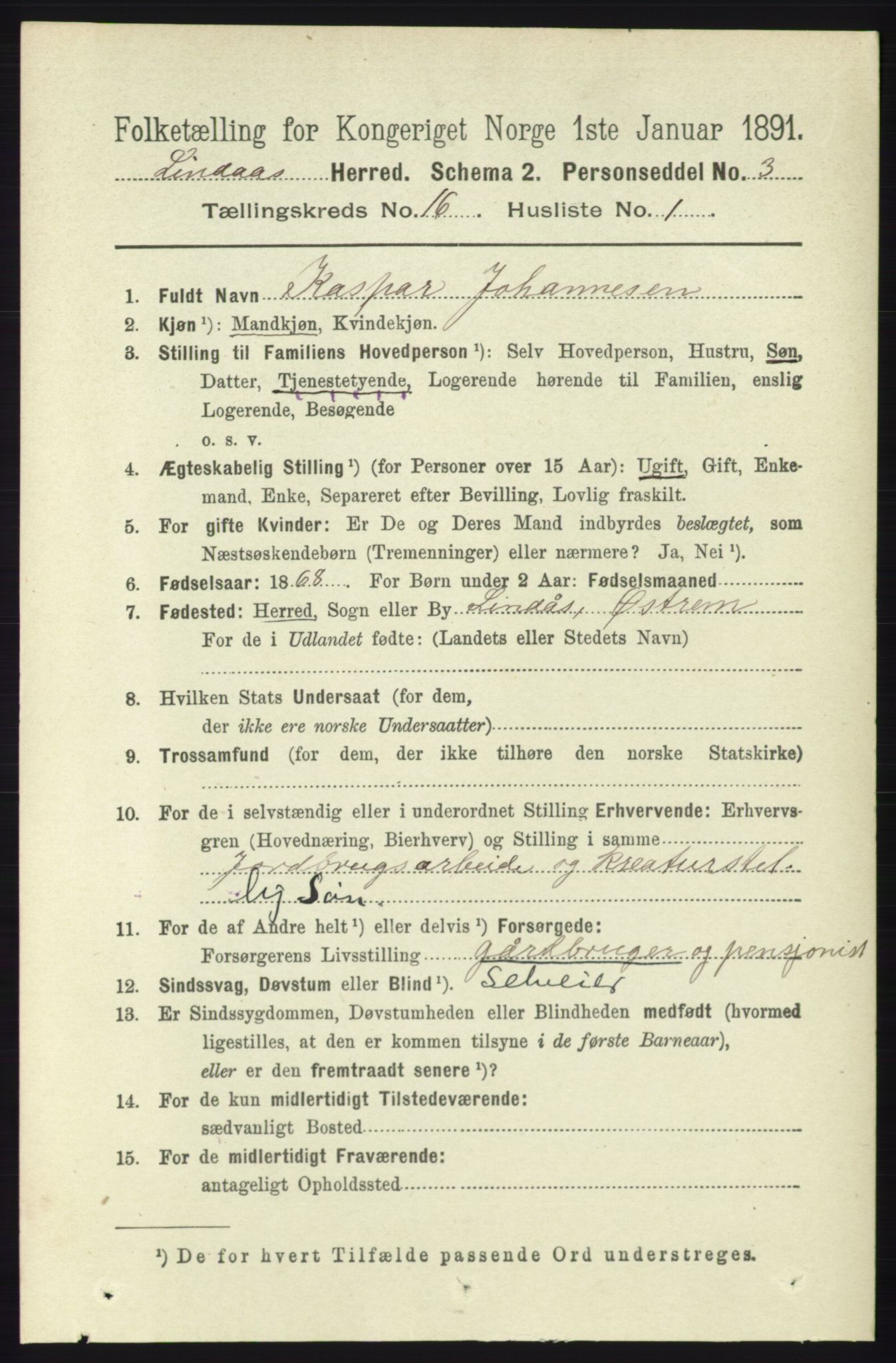 RA, 1891 census for 1263 Lindås, 1891, p. 5707