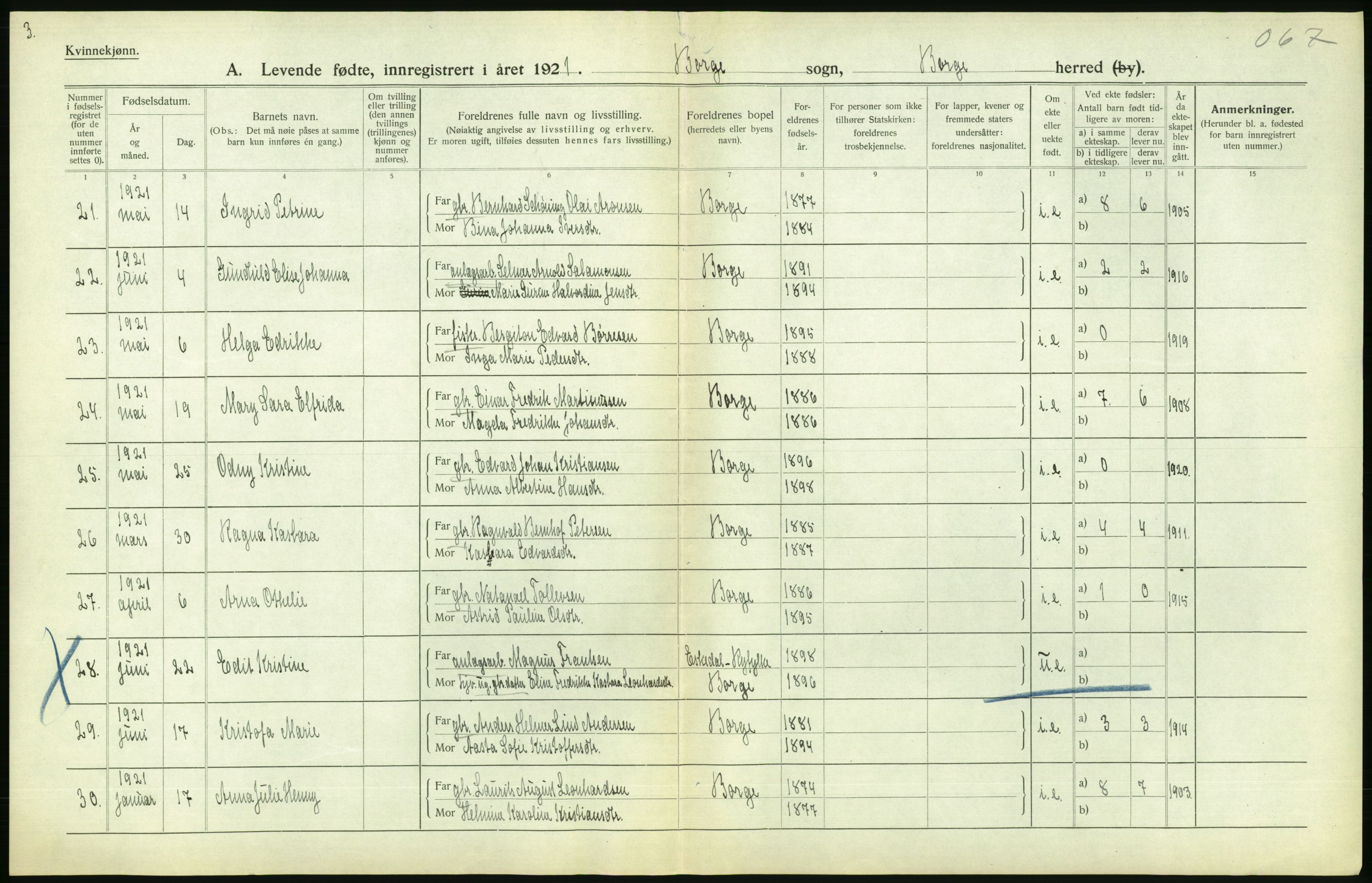 Statistisk sentralbyrå, Sosiodemografiske emner, Befolkning, AV/RA-S-2228/D/Df/Dfc/Dfca/L0049: Nordland fylke: Levendefødte menn og kvinner. Bygder., 1921, p. 328