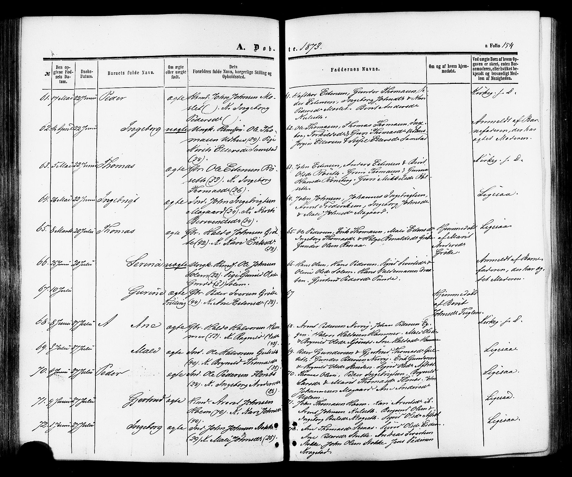 Ministerialprotokoller, klokkerbøker og fødselsregistre - Sør-Trøndelag, AV/SAT-A-1456/695/L1147: Parish register (official) no. 695A07, 1860-1877, p. 154