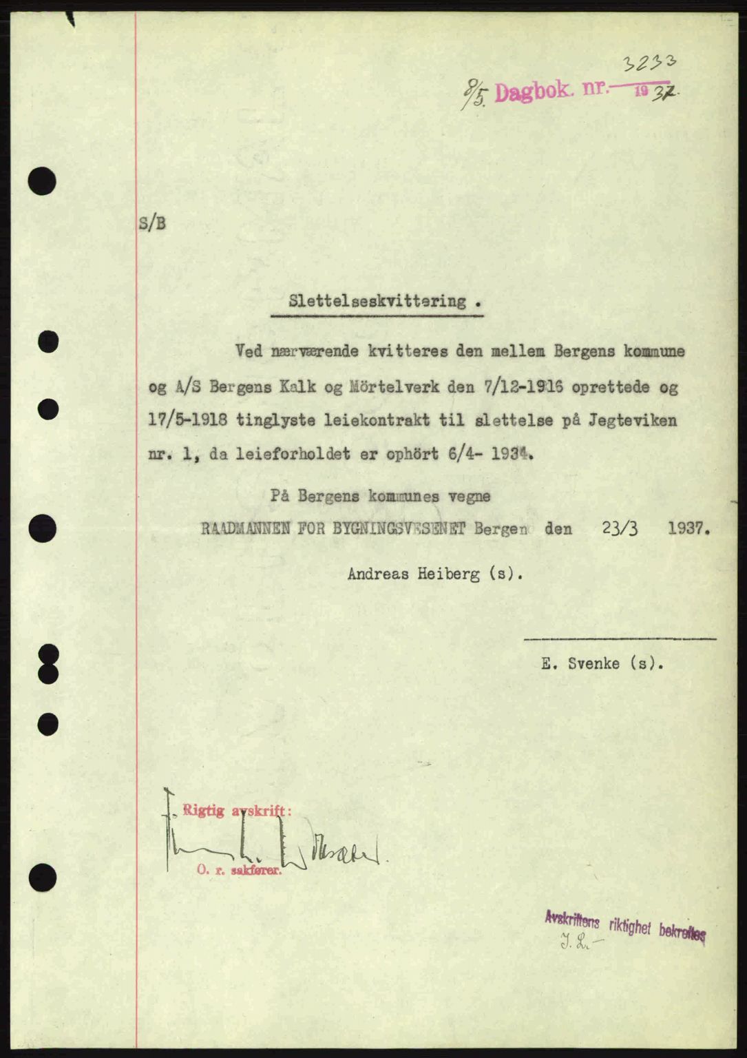 Byfogd og Byskriver i Bergen, SAB/A-3401/03/03Bc/L0004: Mortgage book no. A3-4, 1936-1937, Diary no: : 3233/1937