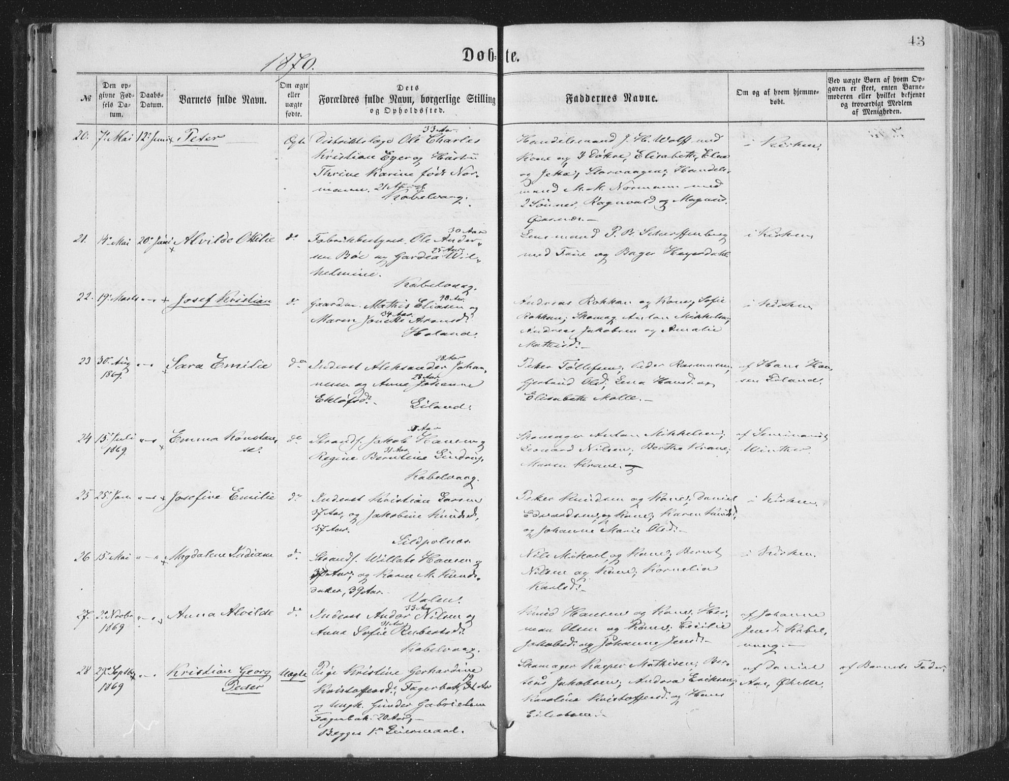 Ministerialprotokoller, klokkerbøker og fødselsregistre - Nordland, AV/SAT-A-1459/874/L1057: Parish register (official) no. 874A01, 1866-1877, p. 43