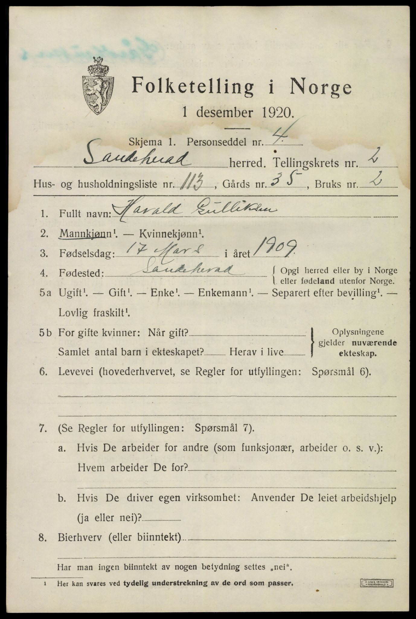 SAKO, 1920 census for Sandeherred, 1920, p. 5192