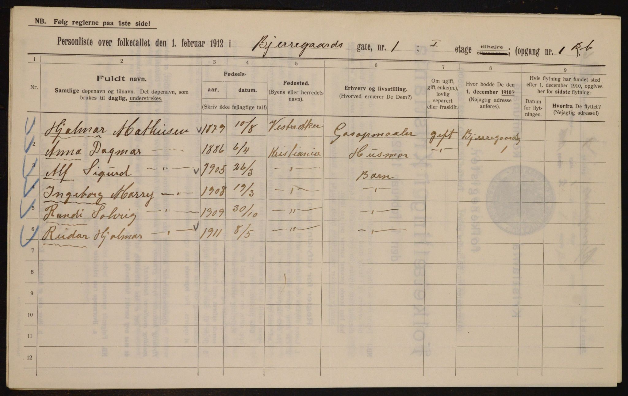 OBA, Municipal Census 1912 for Kristiania, 1912, p. 5347