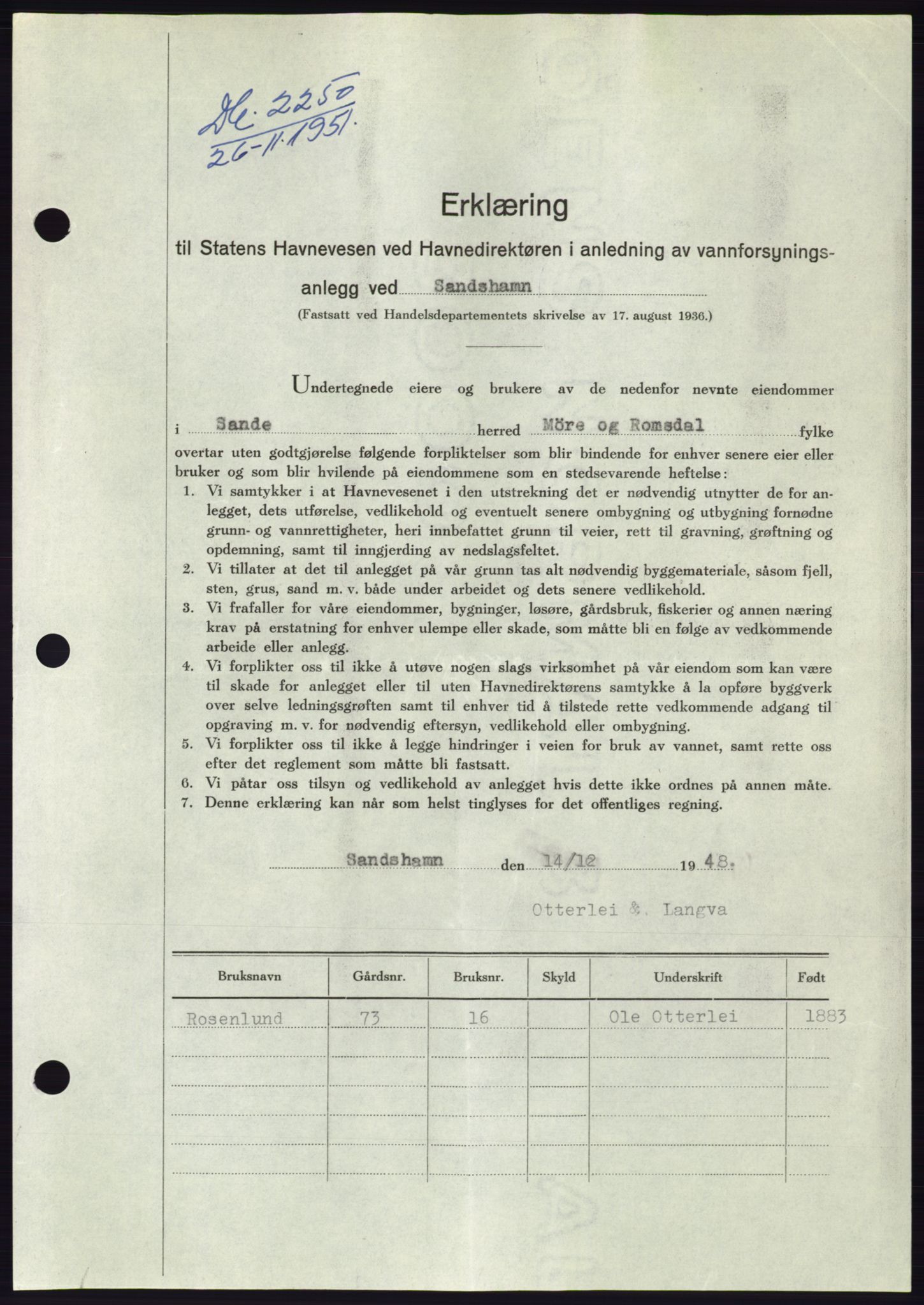 Søre Sunnmøre sorenskriveri, AV/SAT-A-4122/1/2/2C/L0090: Mortgage book no. 16A, 1951-1951, Diary no: : 2250/1951