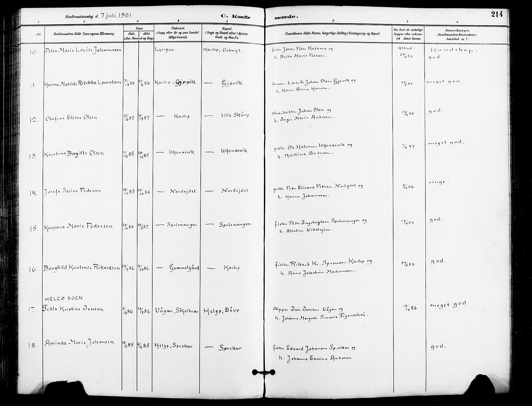 Karlsøy sokneprestembete, AV/SATØ-S-1299/H/Ha/Haa/L0007kirke: Parish register (official) no. 7, 1891-1902, p. 214