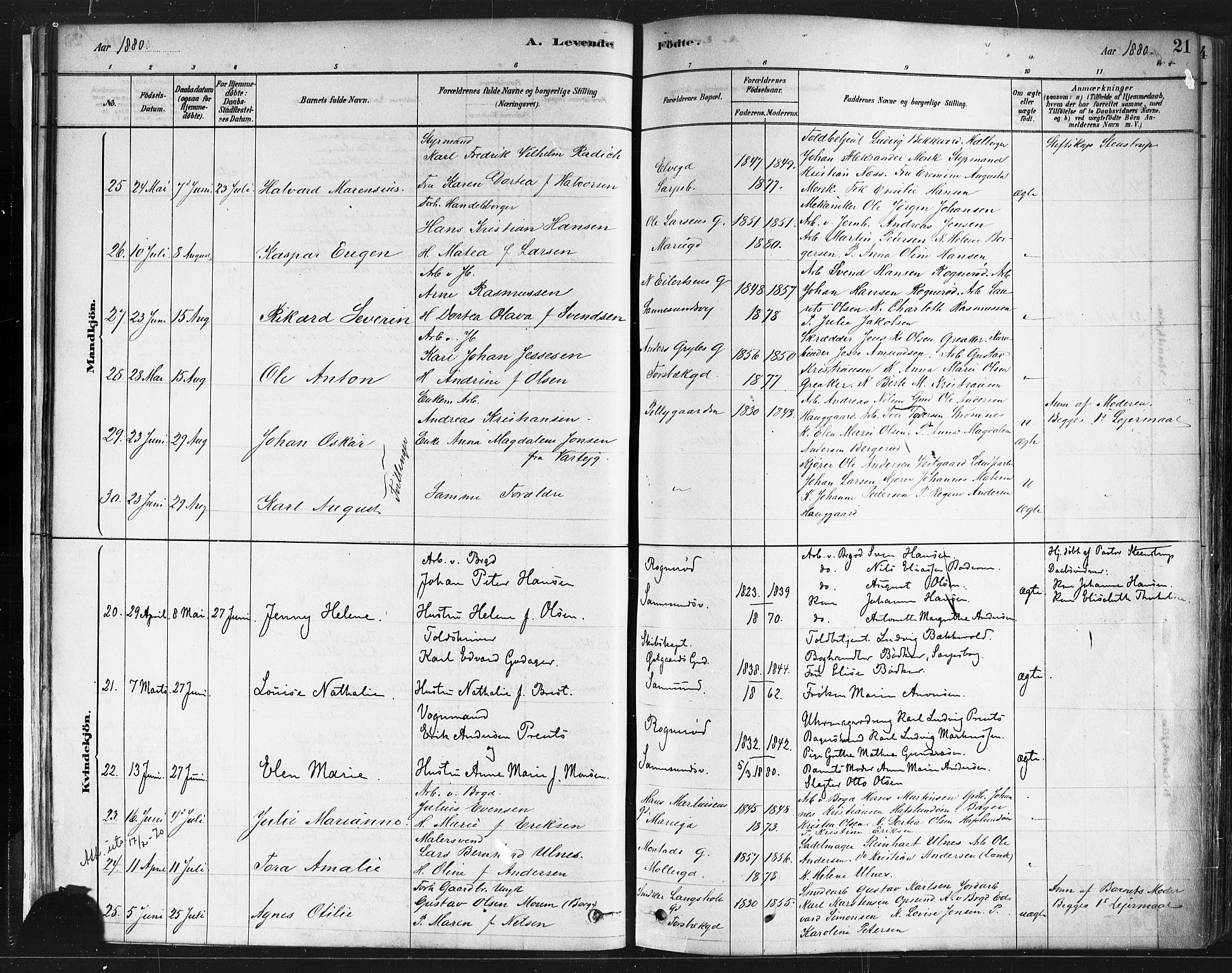 Sarpsborg prestekontor Kirkebøker, SAO/A-2006/F/Fa/L0003: Parish register (official) no. 3, 1878-1891, p. 21