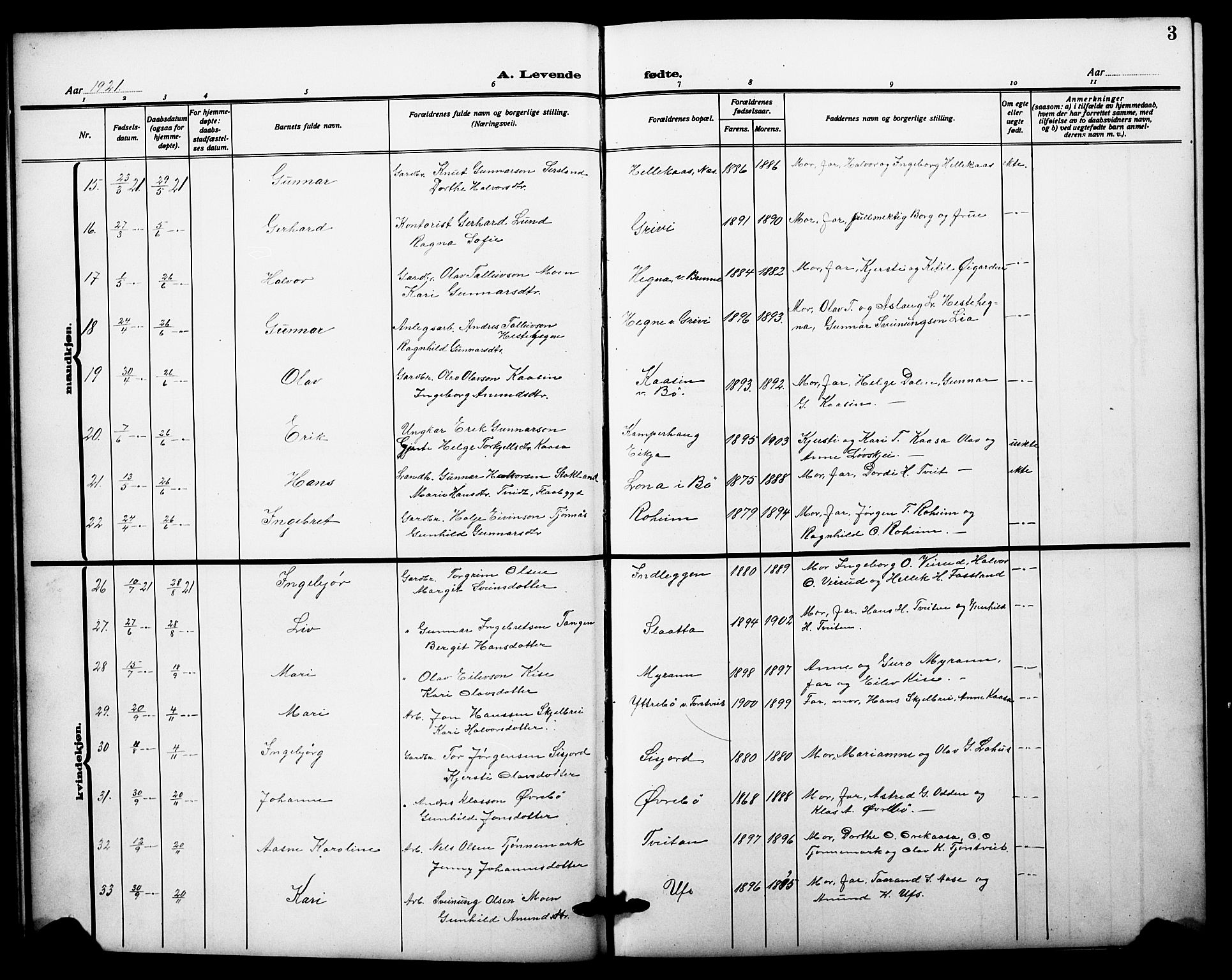 Bø kirkebøker, SAKO/A-257/G/Ga/L0008: Parish register (copy) no. 8, 1920-1930, p. 3