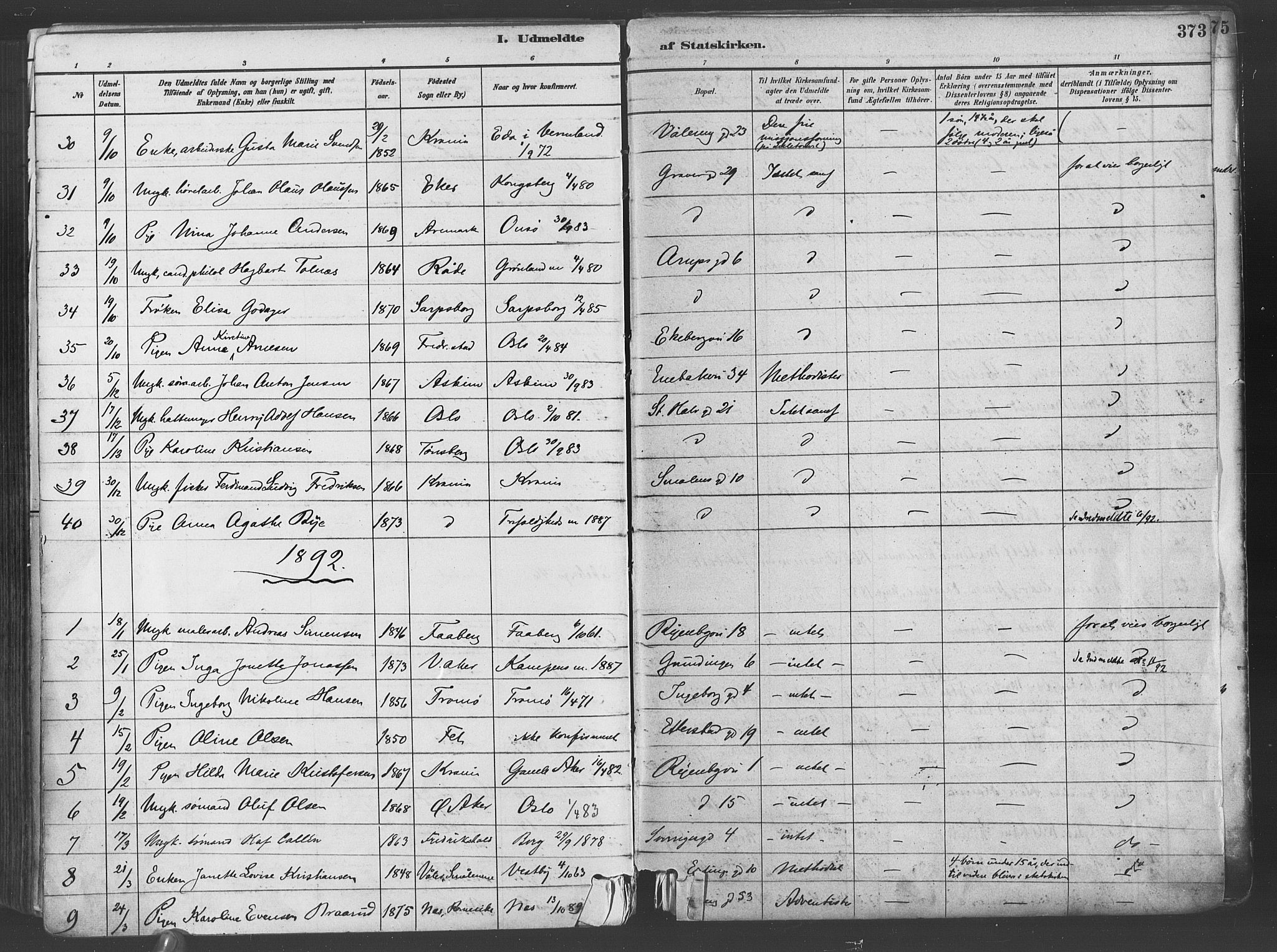 Gamlebyen prestekontor Kirkebøker, SAO/A-10884/F/Fa/L0006: Parish register (official) no. 6, 1881-1890, p. 373
