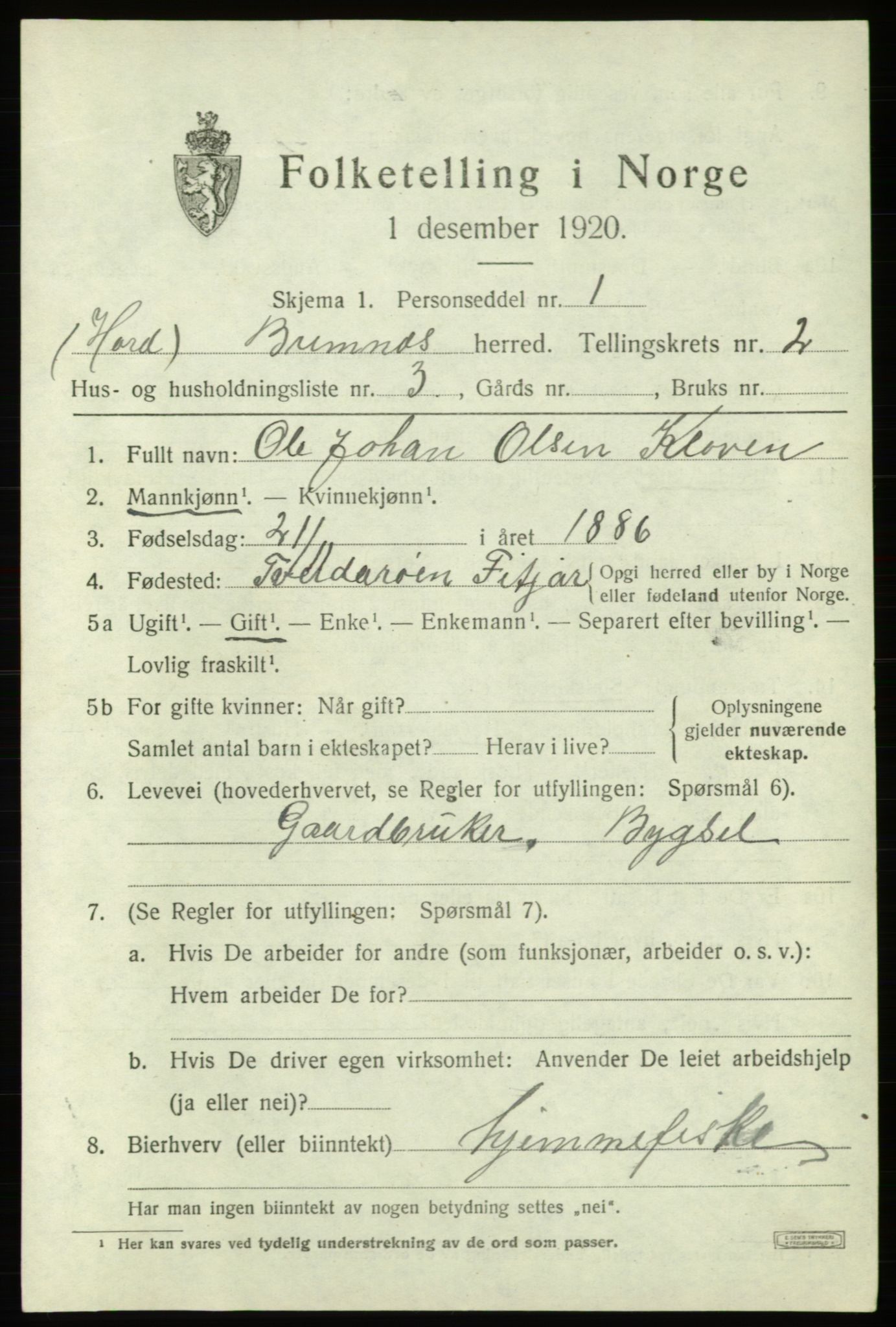 SAB, 1920 census for Bremnes, 1920, p. 1328