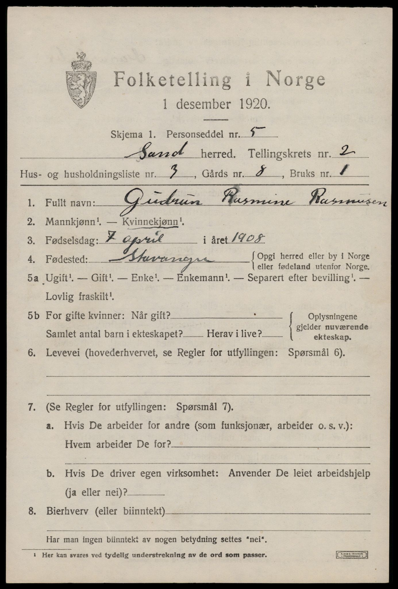 SAST, 1920 census for Sand, 1920, p. 811