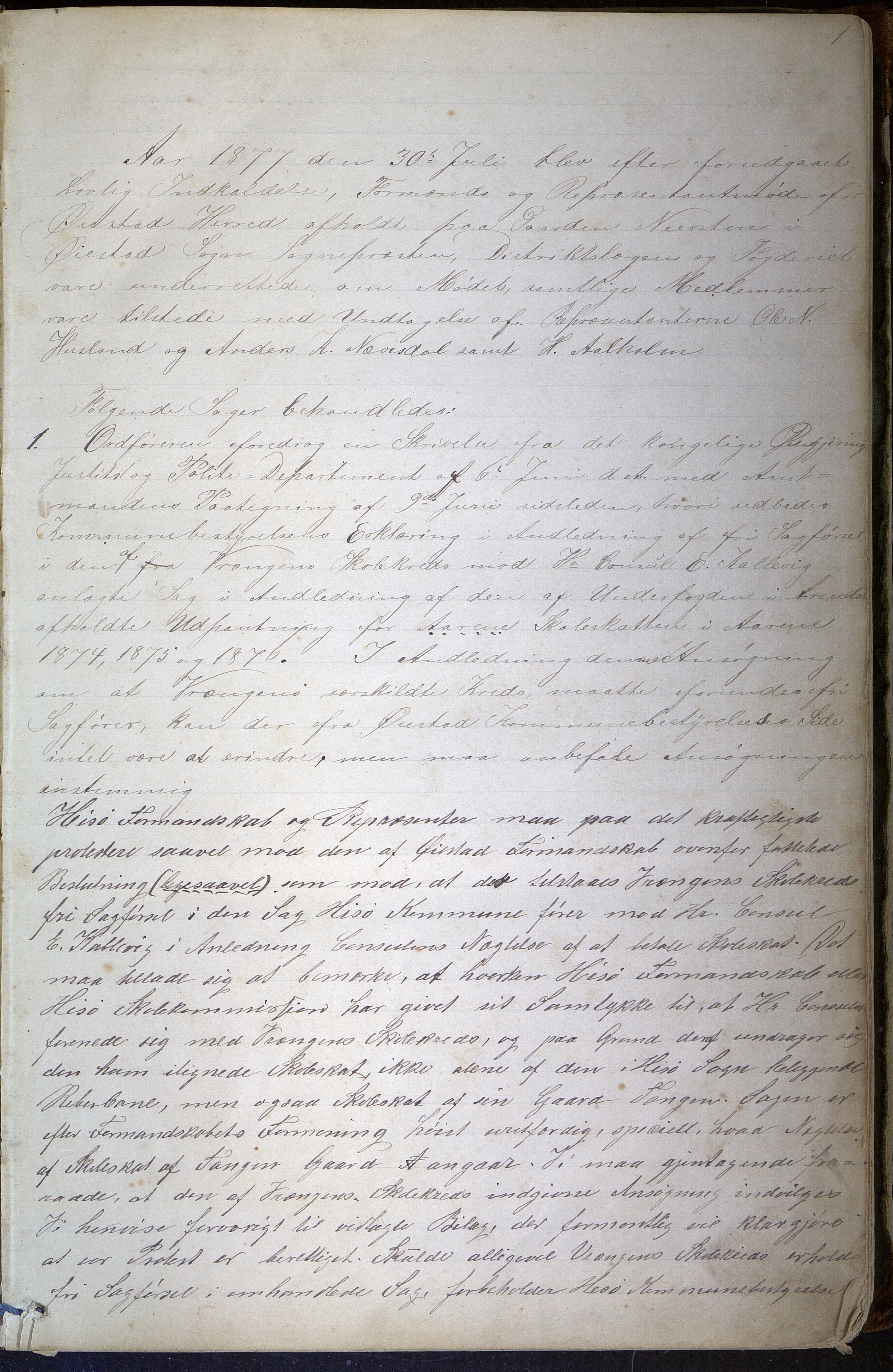 Øyestad kommune frem til 1979, AAKS/KA0920-PK/01/01A/L0003: Forhandlingsprotokoll, 1877-1897, p. 1