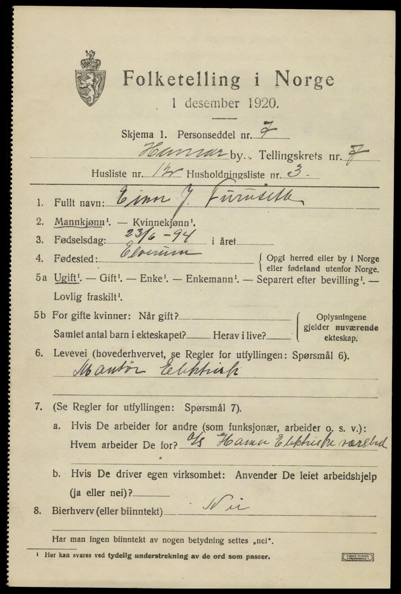 SAH, 1920 census for Hamar, 1920, p. 13023