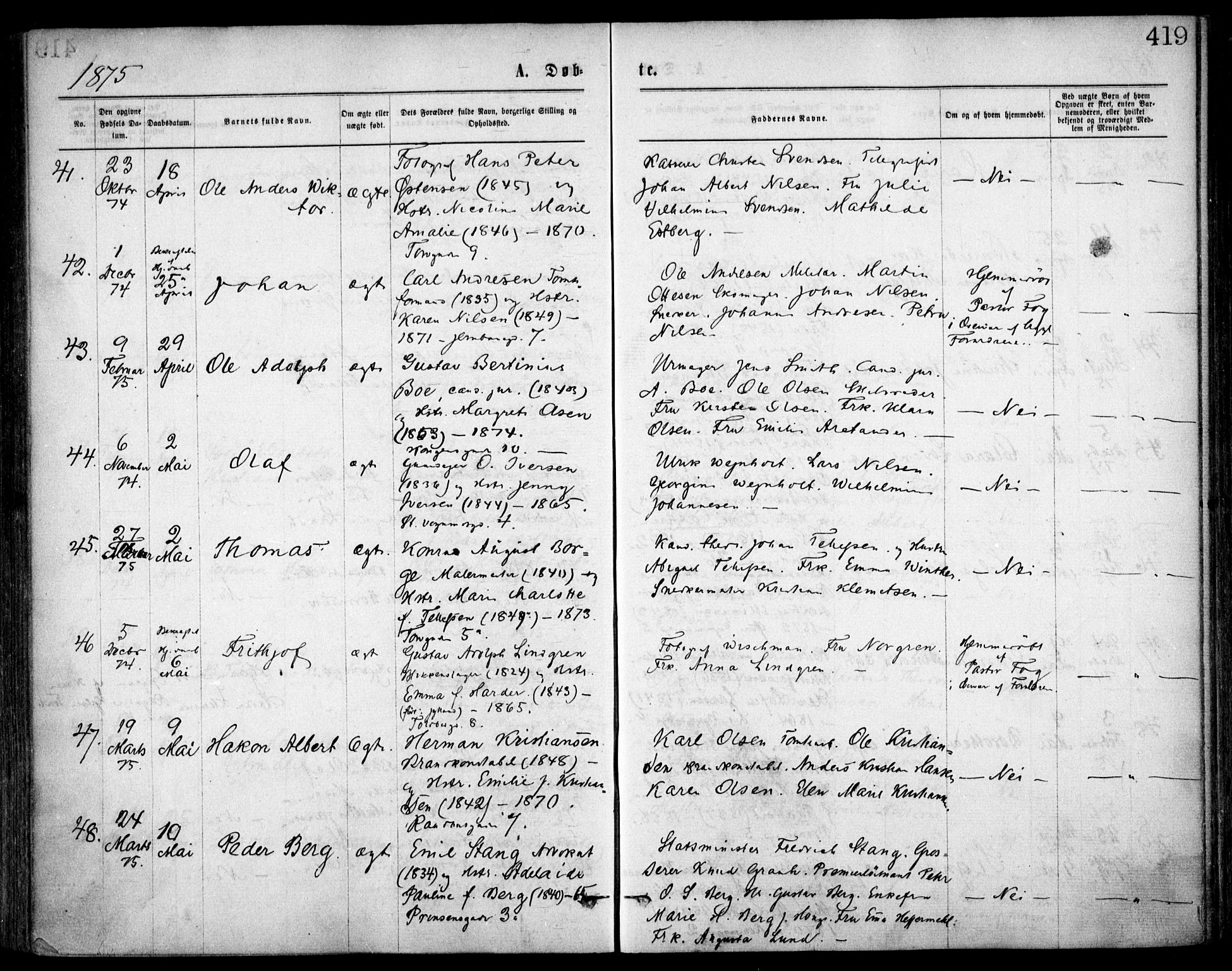 Oslo domkirke Kirkebøker, AV/SAO-A-10752/F/Fa/L0017: Parish register (official) no. 17, 1869-1878, p. 419