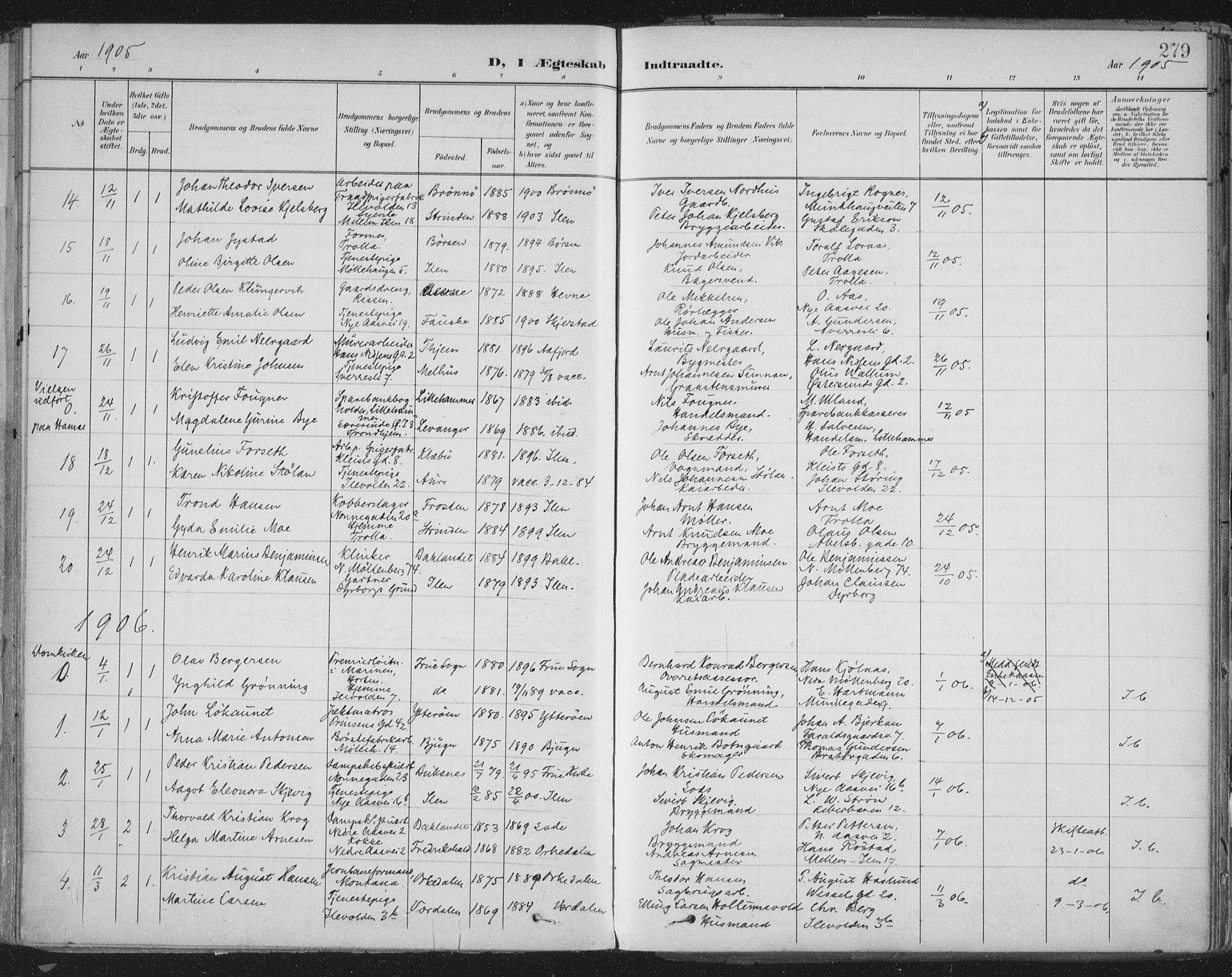 Ministerialprotokoller, klokkerbøker og fødselsregistre - Sør-Trøndelag, SAT/A-1456/603/L0167: Parish register (official) no. 603A06, 1896-1932, p. 279