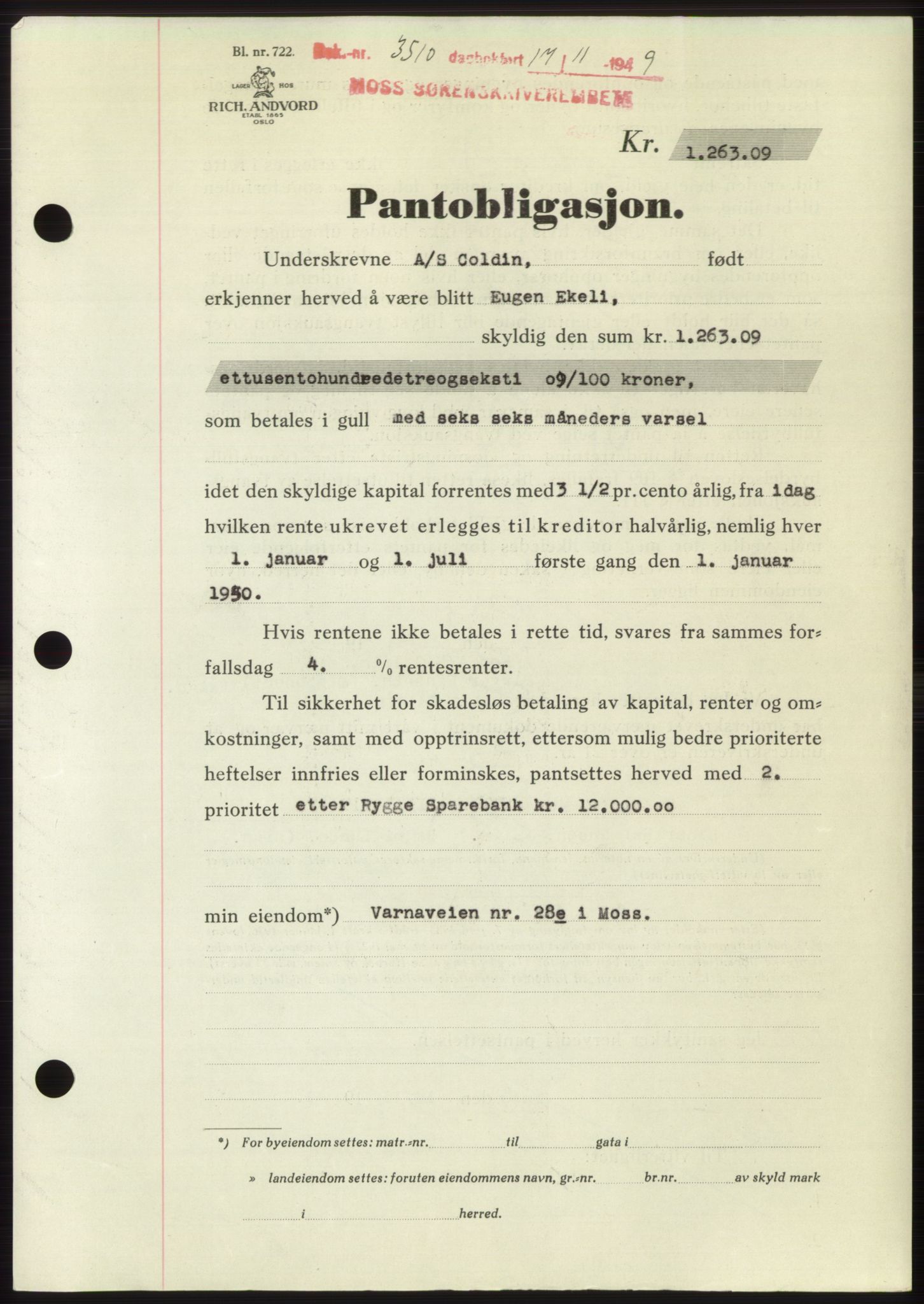 Moss sorenskriveri, SAO/A-10168: Mortgage book no. B23, 1949-1950, Diary no: : 3510/1949