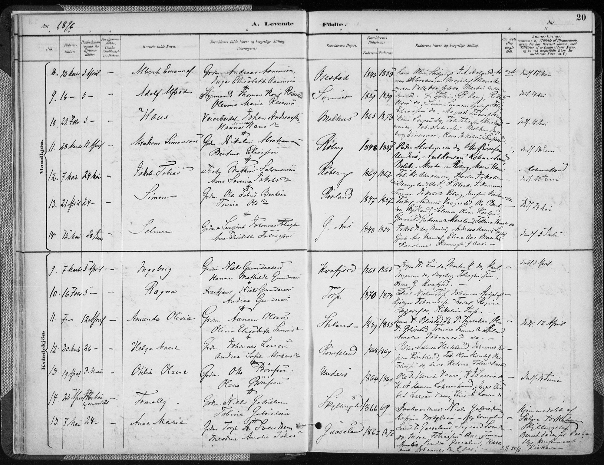 Sør-Audnedal sokneprestkontor, AV/SAK-1111-0039/F/Fa/Fab/L0010: Parish register (official) no. A 10, 1892-1913, p. 20