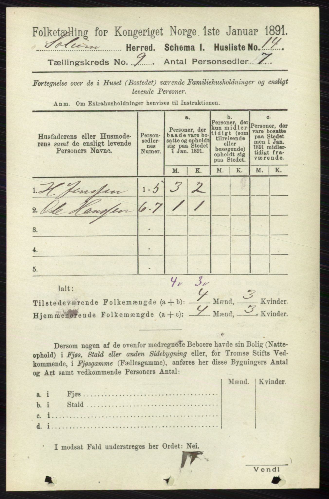 RA, 1891 census for 0818 Solum, 1891, p. 1871