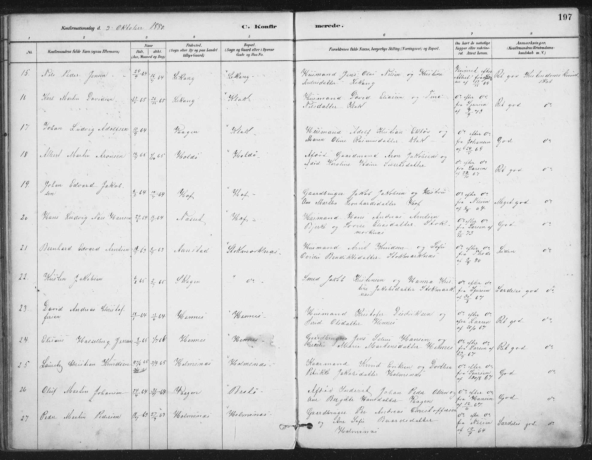 Ministerialprotokoller, klokkerbøker og fødselsregistre - Nordland, AV/SAT-A-1459/888/L1244: Parish register (official) no. 888A10, 1880-1890, p. 197