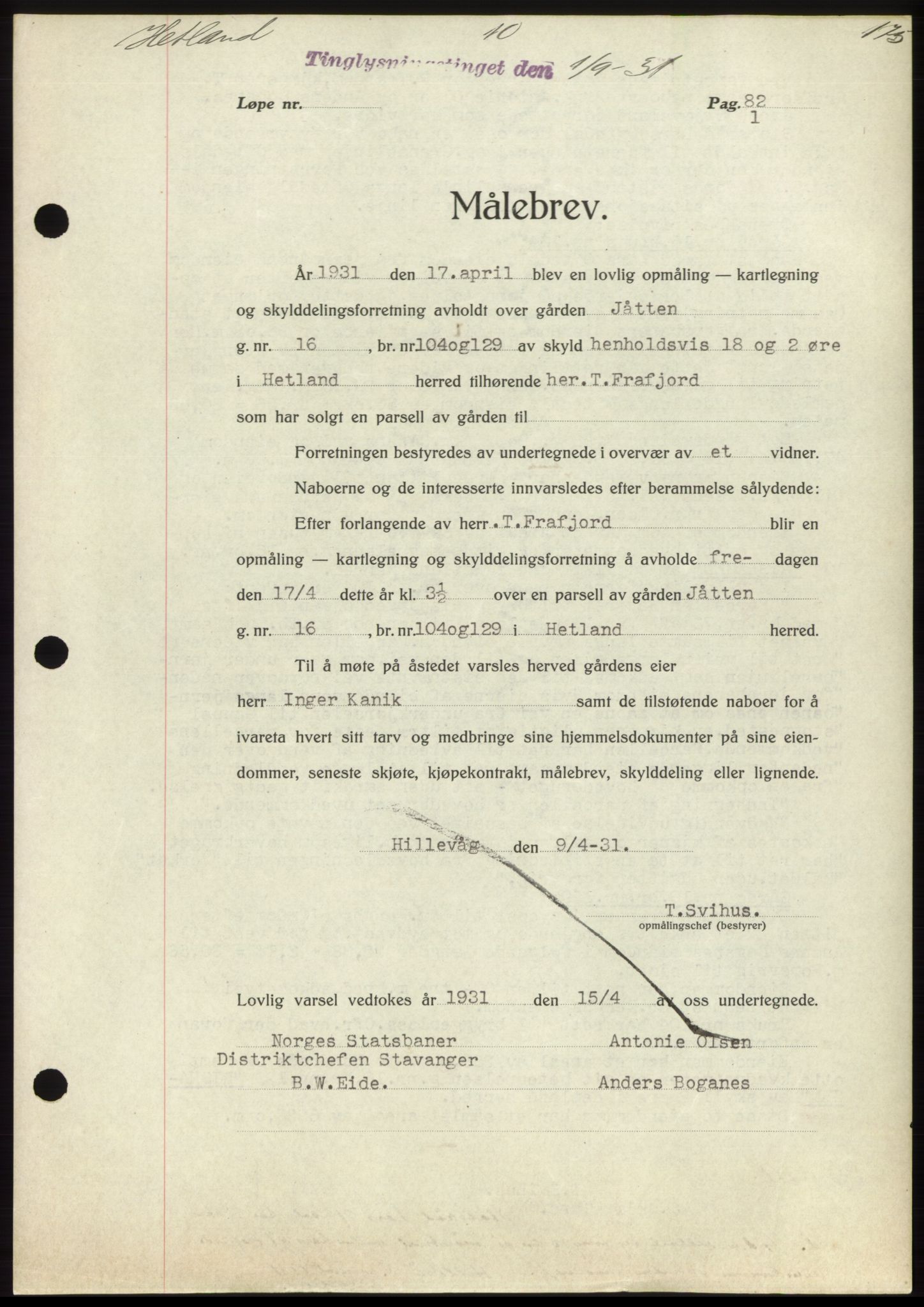 Jæren sorenskriveri, SAST/A-100310/03/G/Gba/L0059: Mortgage book no. 56, 58, 1931-1932, Deed date: 01.09.1931