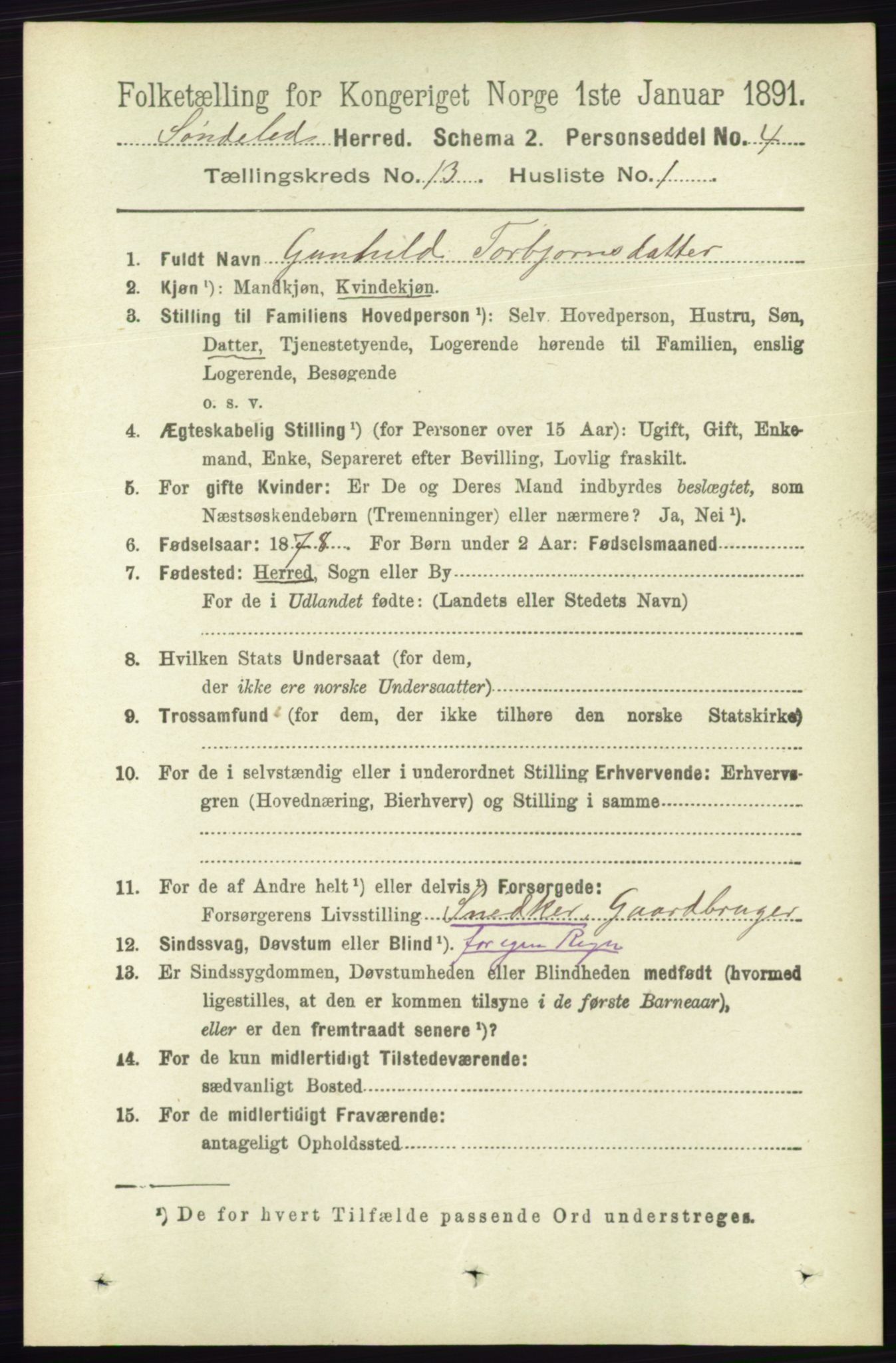 RA, 1891 census for 0913 Søndeled, 1891, p. 3910