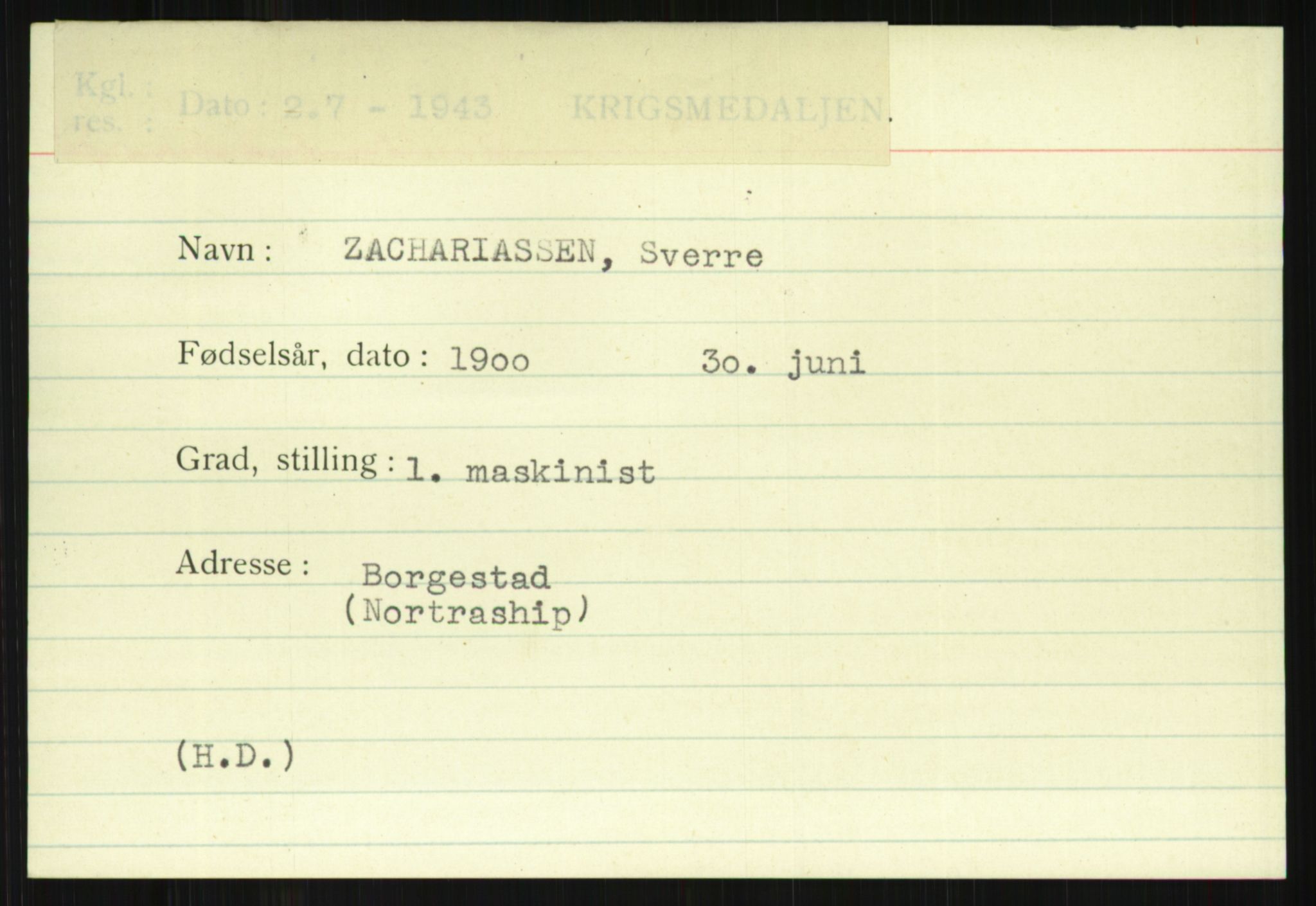 Direktoratet for sjømenn, AV/RA-S-3545/G/Gi/L0009: Kartotek over krigsdekorasjoner tildelt nordmenn under krigen, 1940-1945, p. 1413