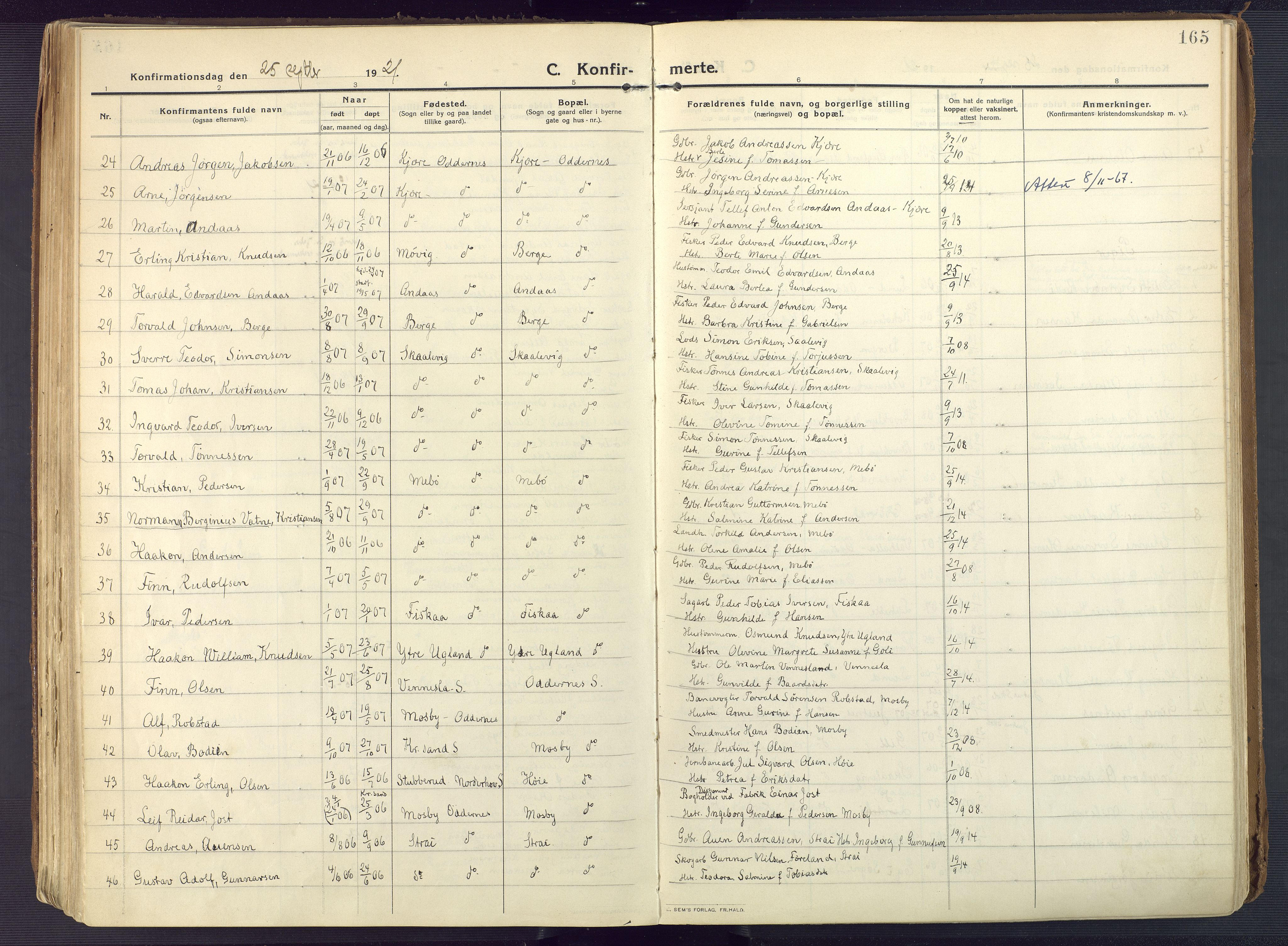 Oddernes sokneprestkontor, AV/SAK-1111-0033/F/Fa/Faa/L0012: Parish register (official) no. A 12, 1912-1925, p. 165