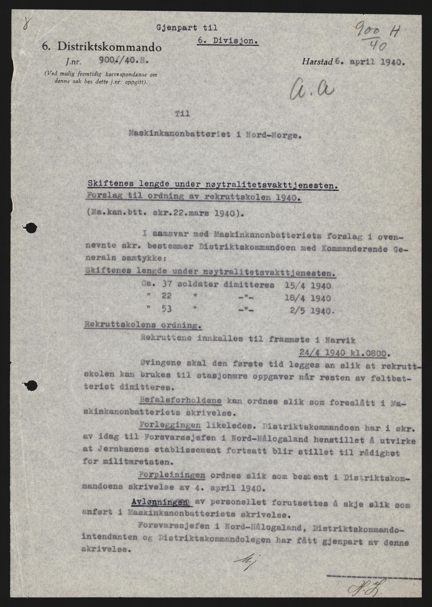 Forsvaret, Forsvarets krigshistoriske avdeling, AV/RA-RAFA-2017/Y/Yb/L0130: II-C-11-600  -  6. Divisjon / 6. Distriktskommando, 1940, p. 175