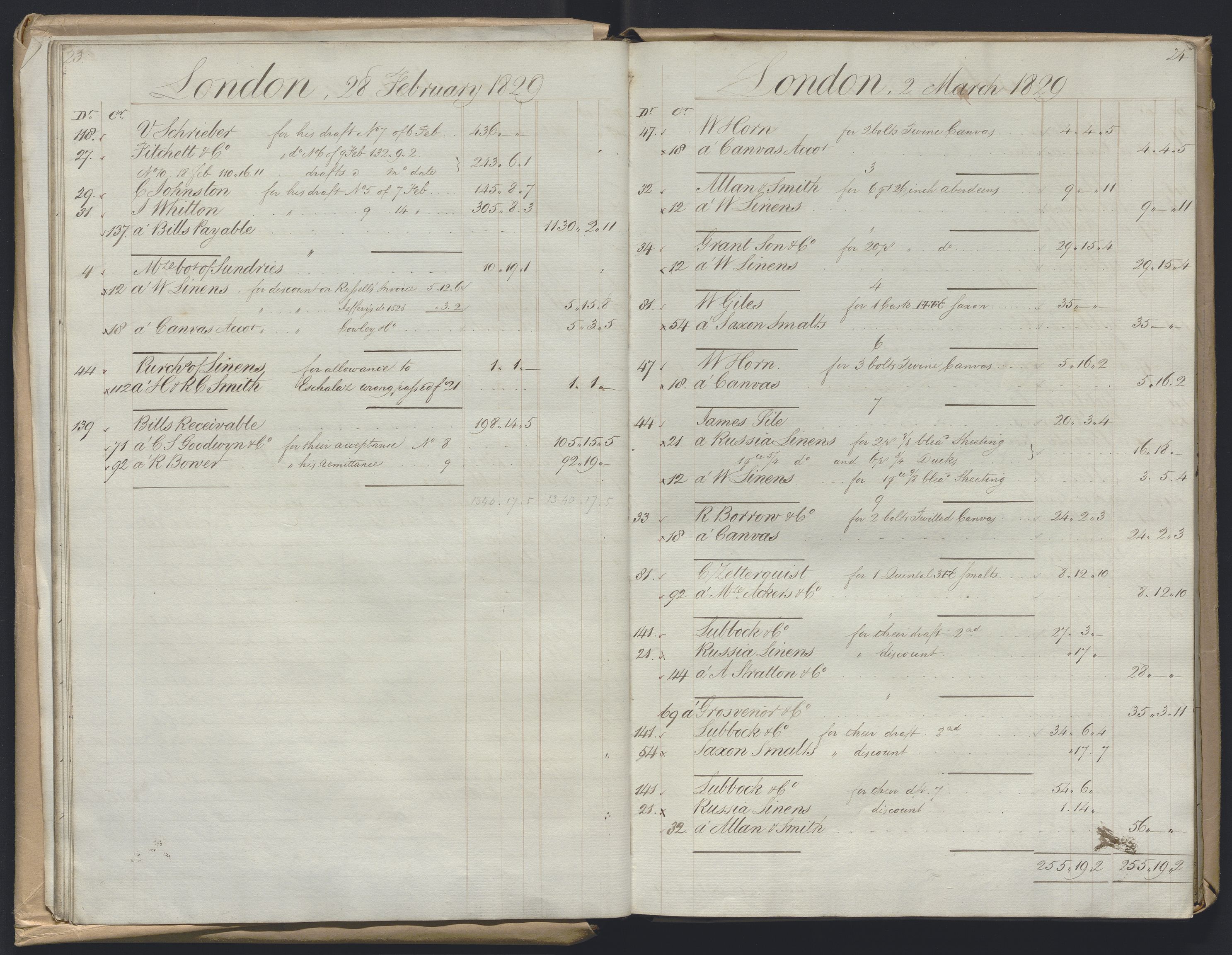 Smith, Goodhall & Reeves, RA/PA-0586/R/L0001: Dagbok (Daybook) A, 1829-1831, p. 23-24