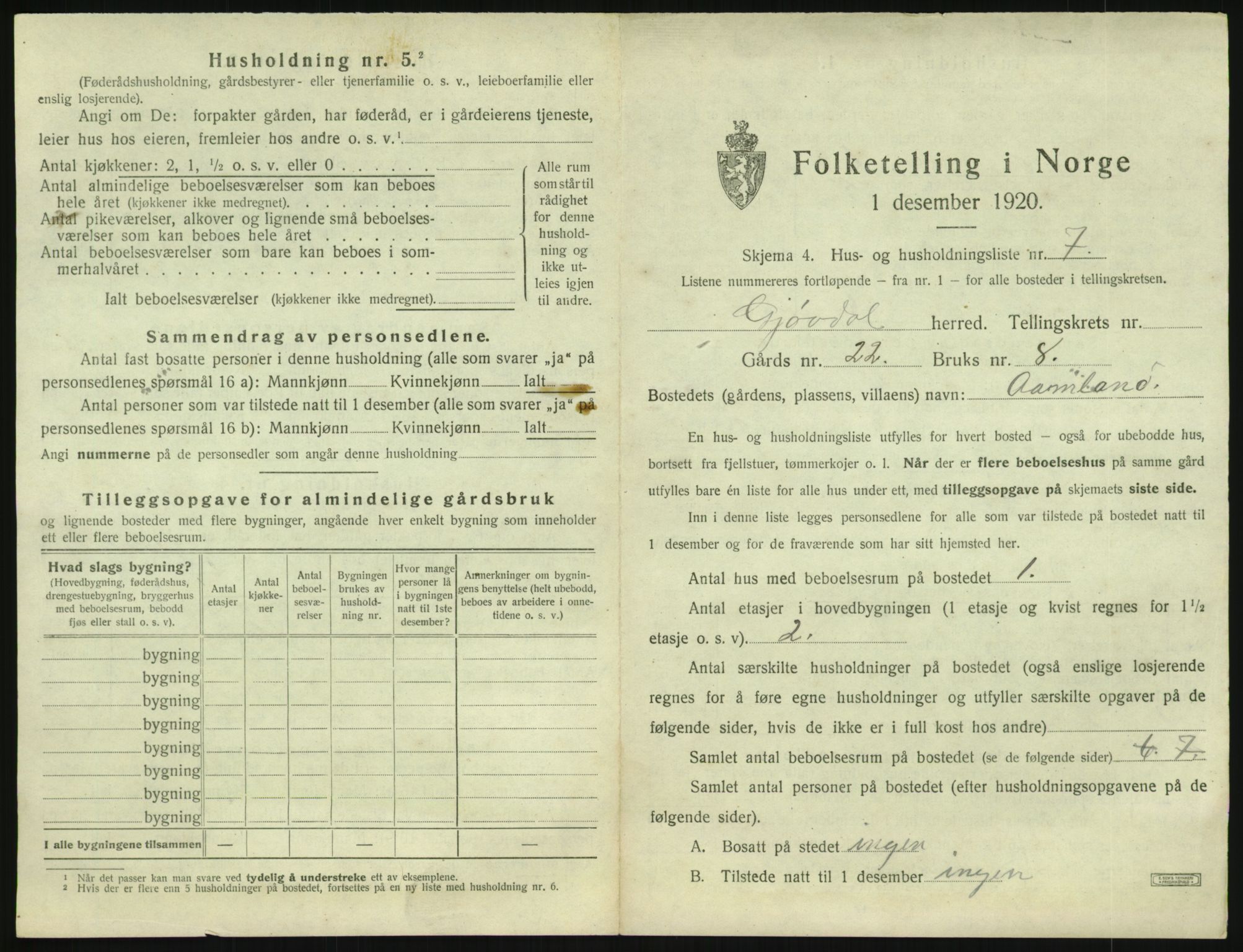 SAK, 1920 census for Gjøvdal, 1920, p. 136
