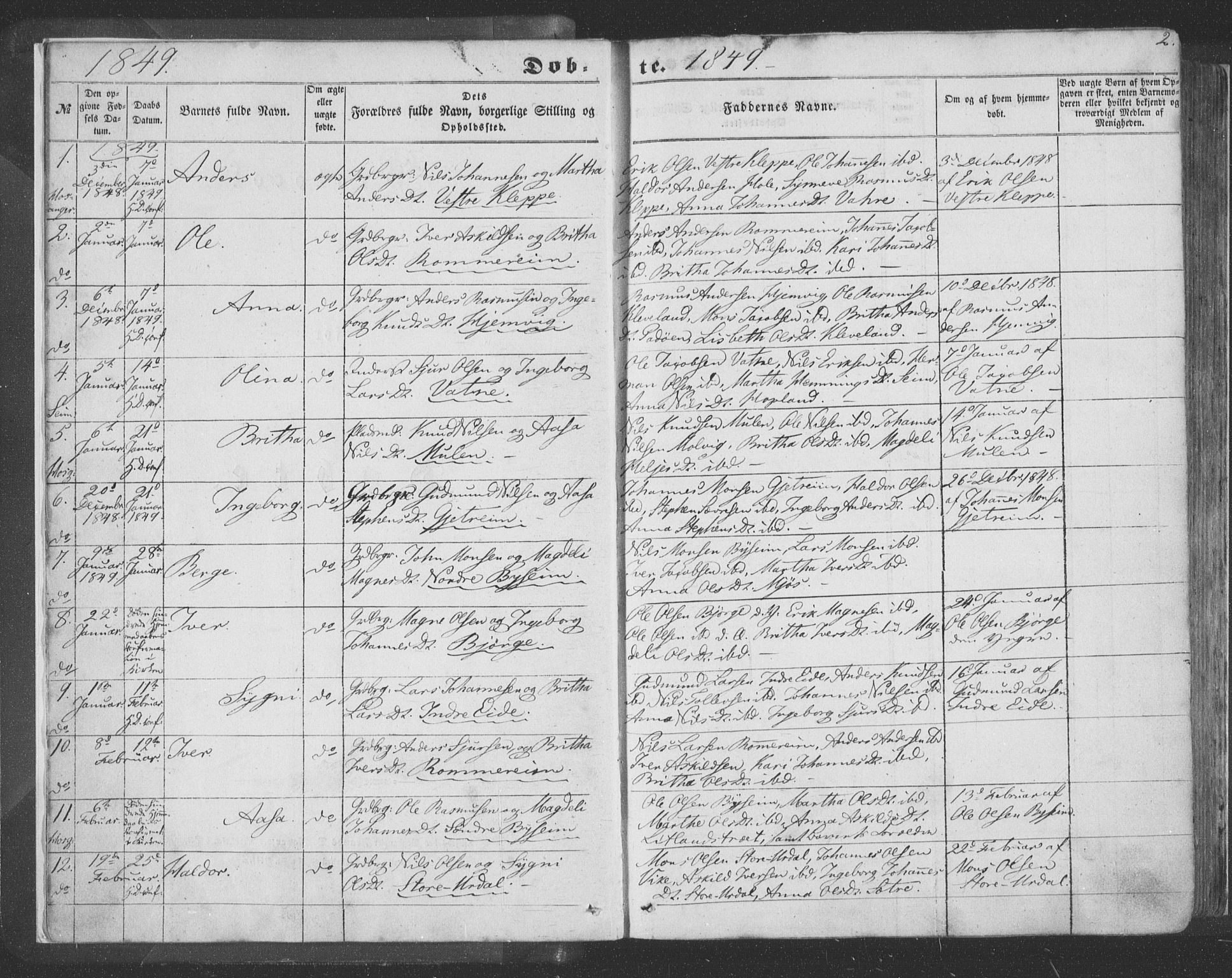 Hosanger sokneprestembete, AV/SAB-A-75801/H/Haa: Parish register (official) no. A 8, 1849-1863, p. 2