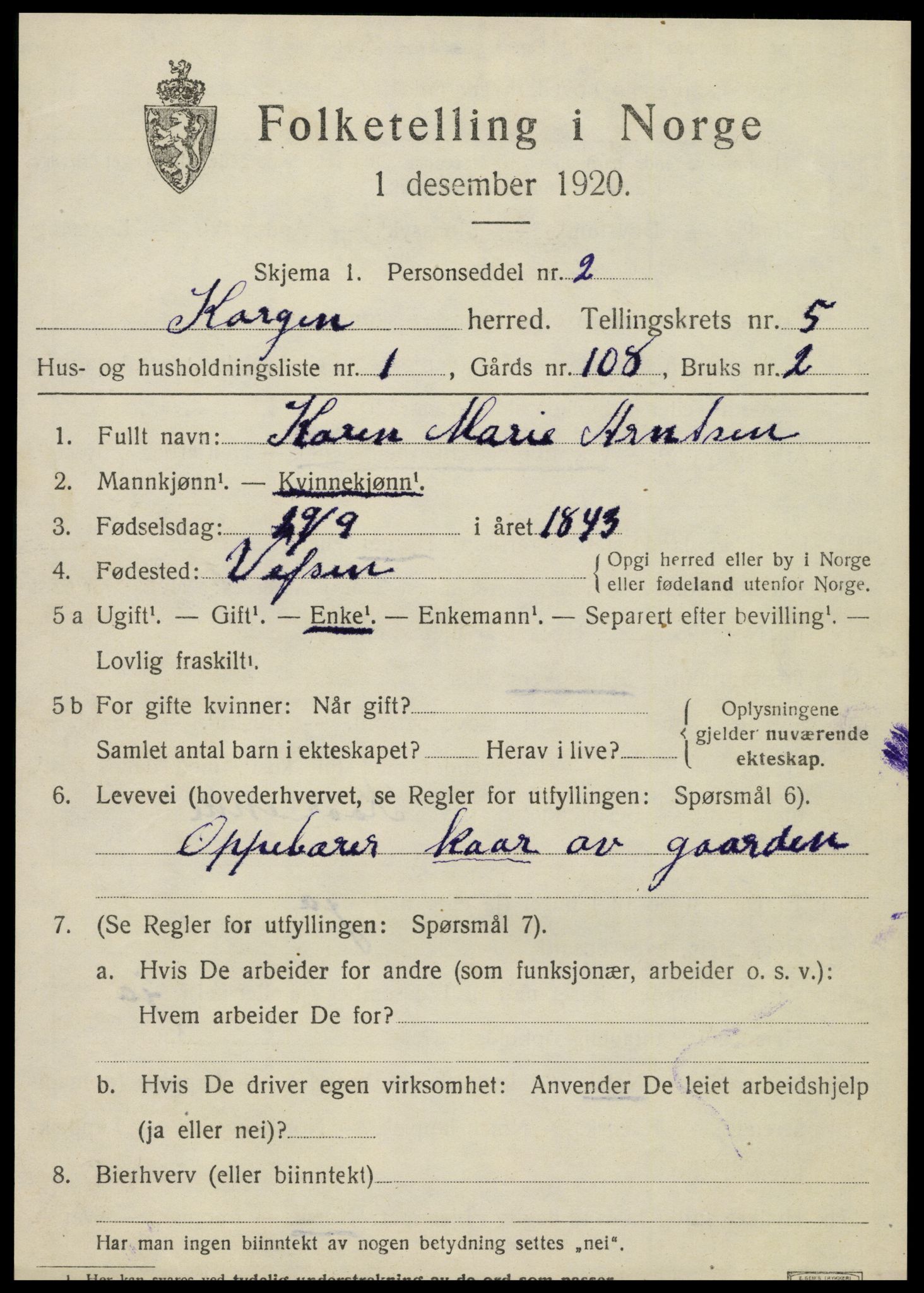 SAT, 1920 census for Korgen, 1920, p. 2082