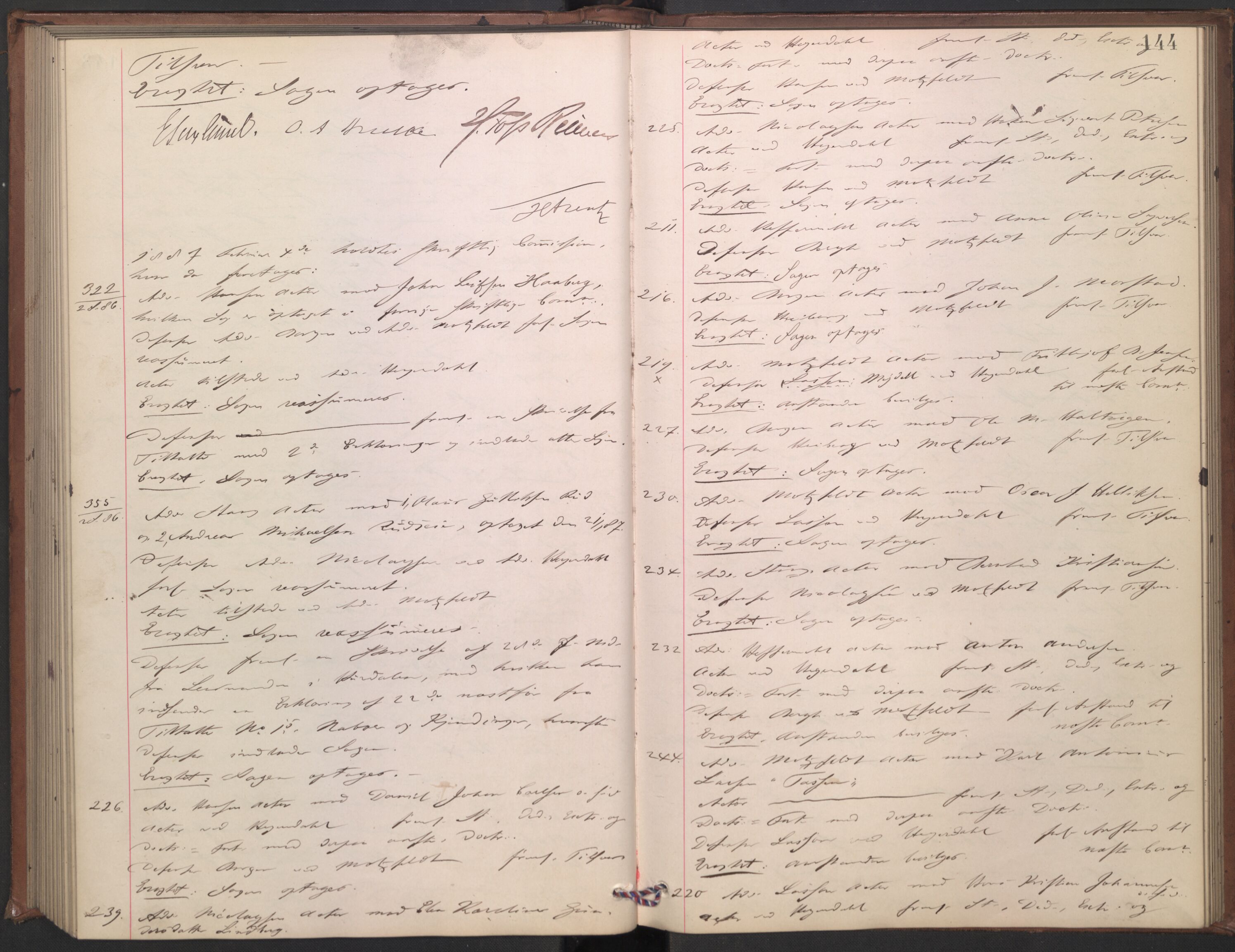 Høyesterett, AV/RA-S-1002/E/Ef/L0015: Protokoll over saker som gikk til skriftlig behandling, 1884-1888, p. 143b-144a