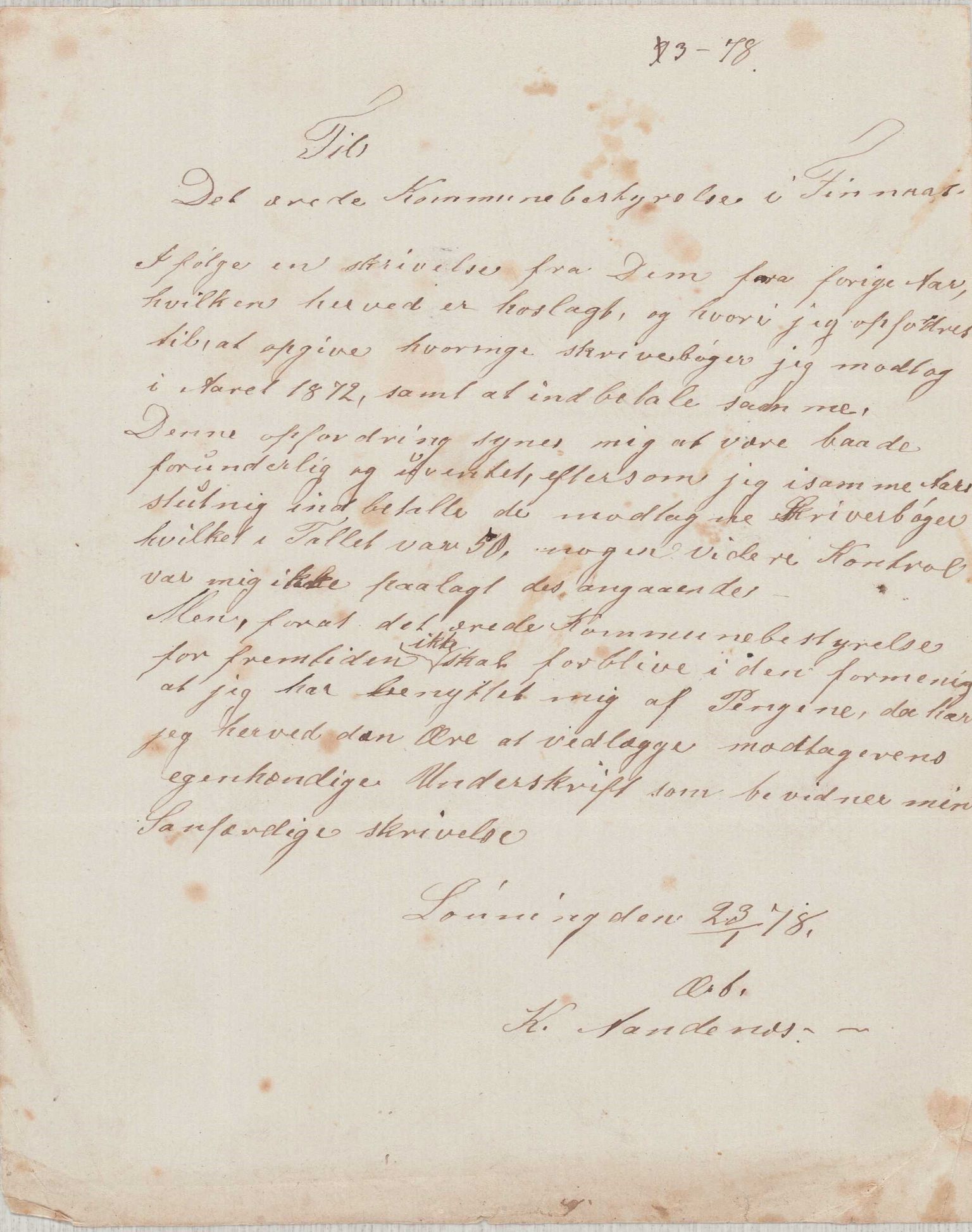 Finnaas kommune. Formannskapet, IKAH/1218a-021/D/Da/L0001/0002: Korrespondanse / saker / Kronologisk ordna korrespodanse, 1876-1879, p. 53