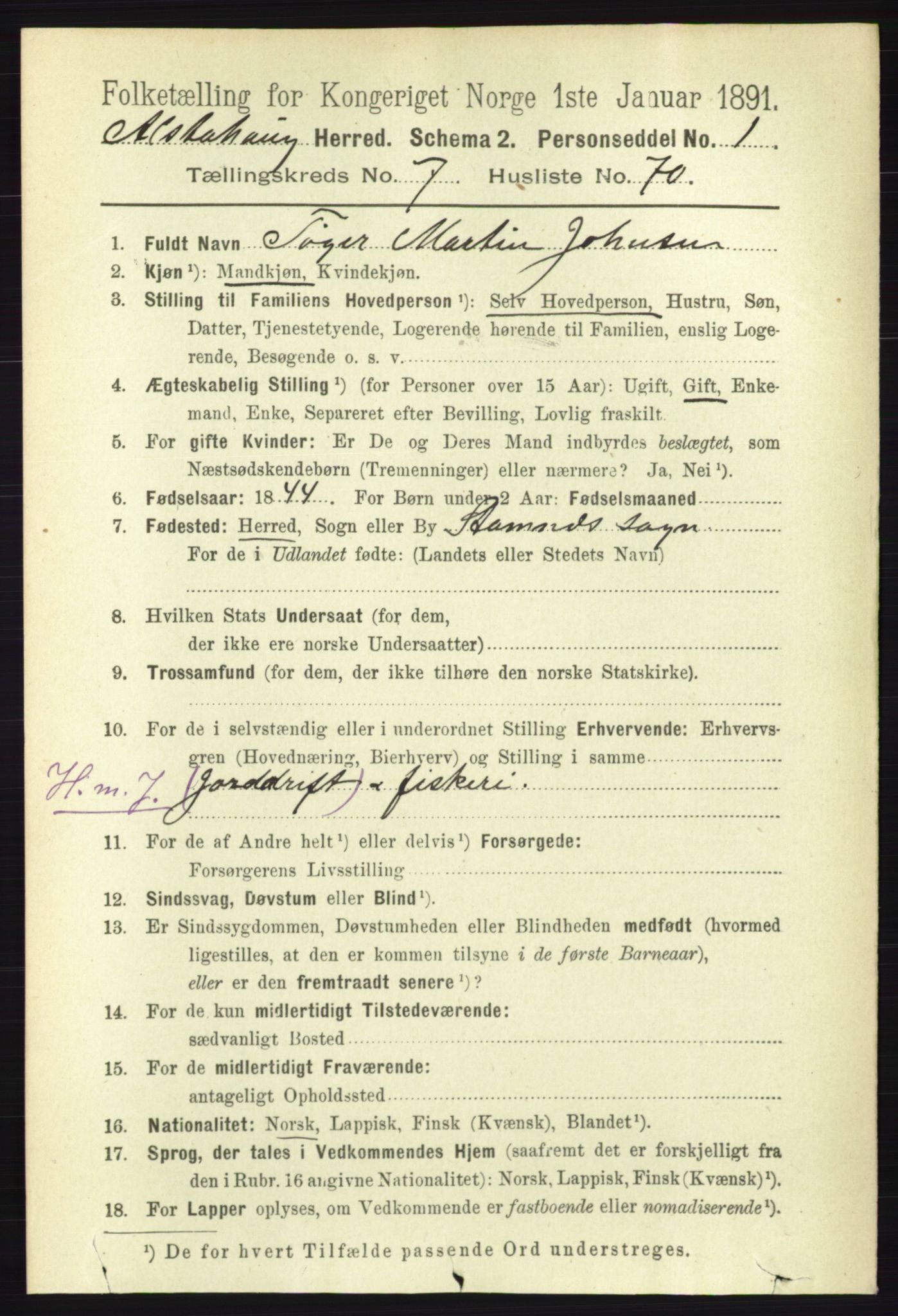 RA, 1891 census for 1820 Alstahaug, 1891, p. 2850