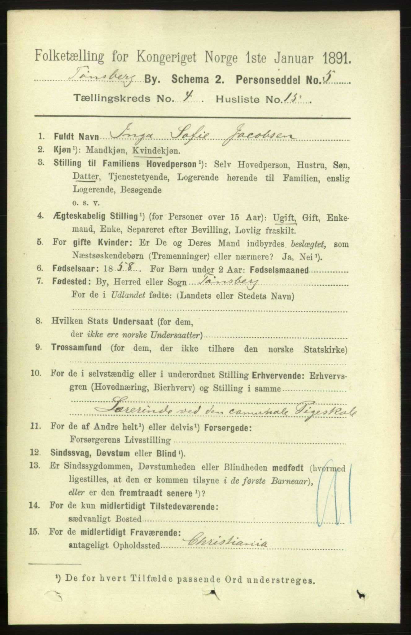 RA, 1891 census for 0705 Tønsberg, 1891, p. 2197