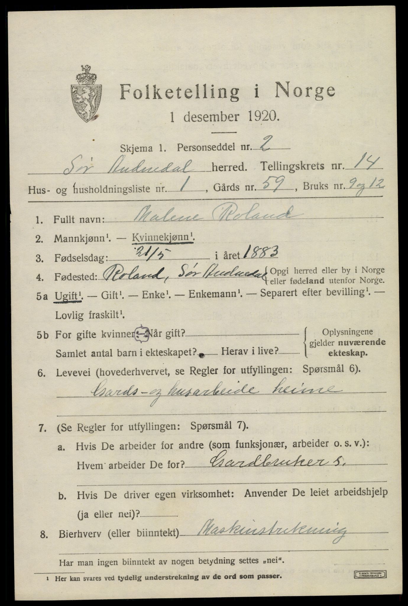 SAK, 1920 census for Sør-Audnedal, 1920, p. 5155