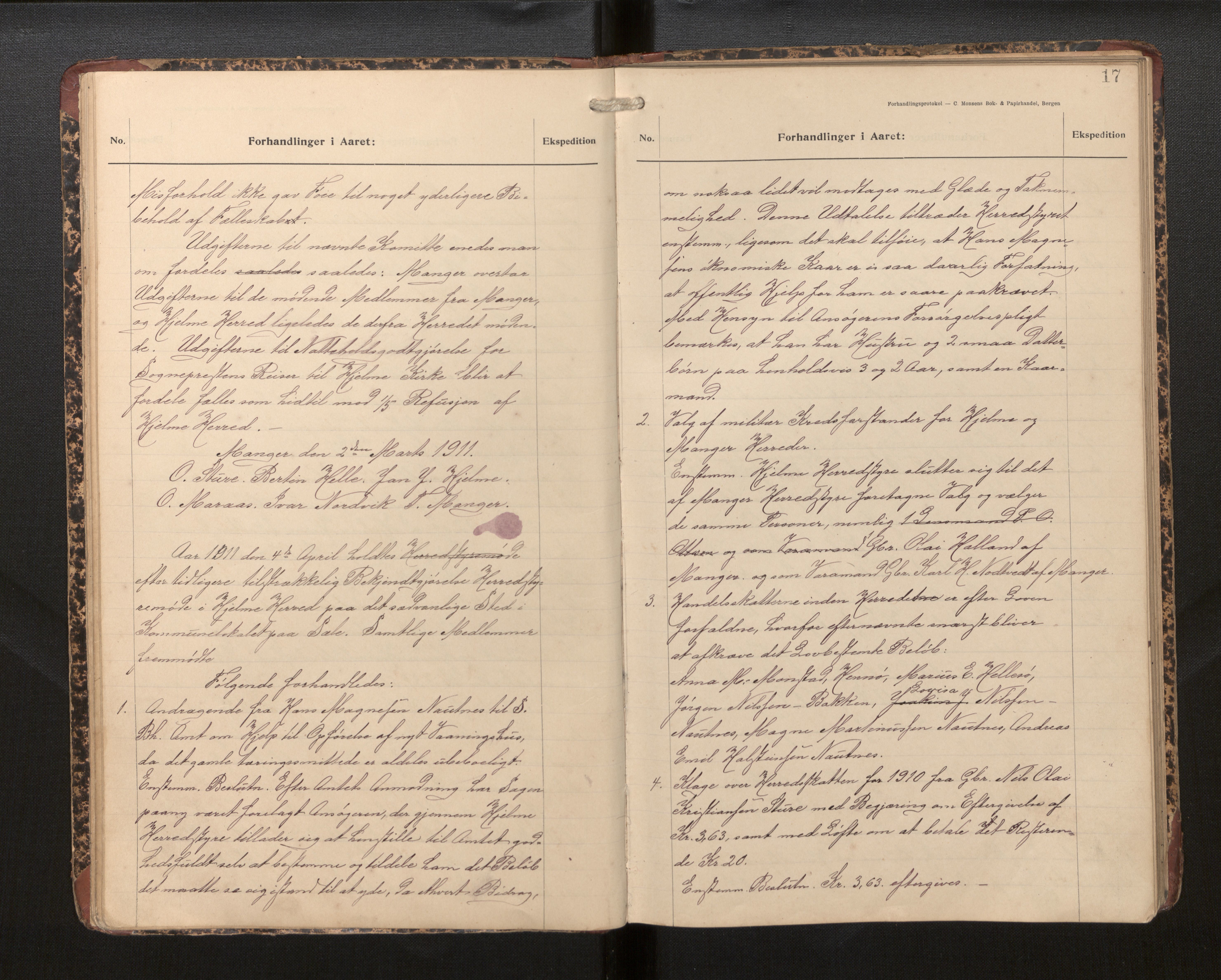Hjelme kommune. Formannskapet, IKAH/1259a-021/A/Aa/L0001: Møtebok for Hjelme formannskap og heradsstyre, 1909-1916, p. 18