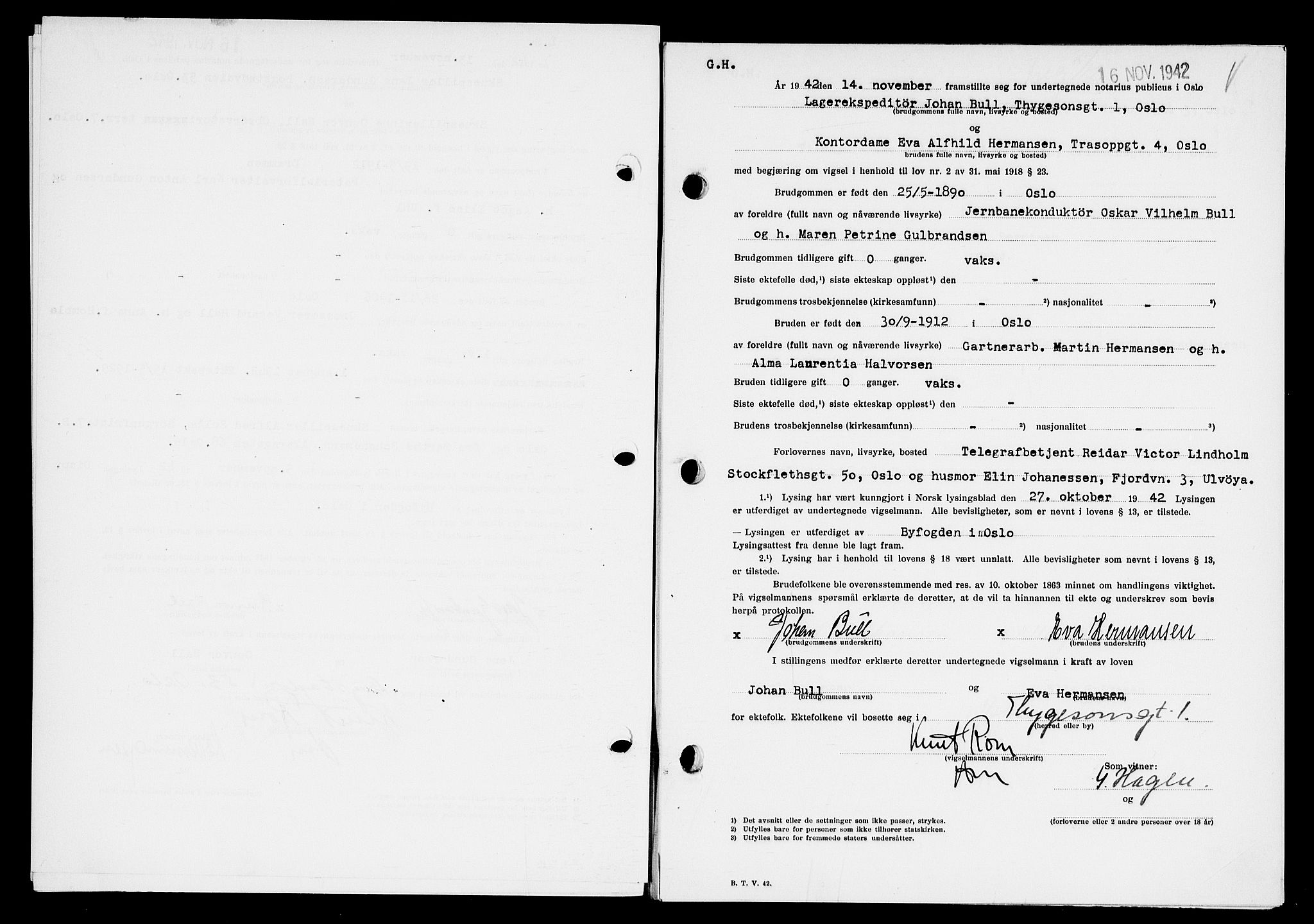 Oslo byfogd avd. I, AV/SAO-A-10220/L/Lb/Lbb/L0042: Notarialprotokoll, rekke II: Vigsler, 1942