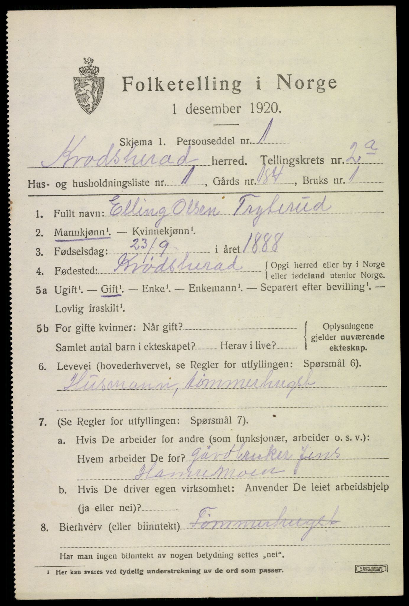 SAKO, 1920 census for Krødsherad, 1920, p. 2803