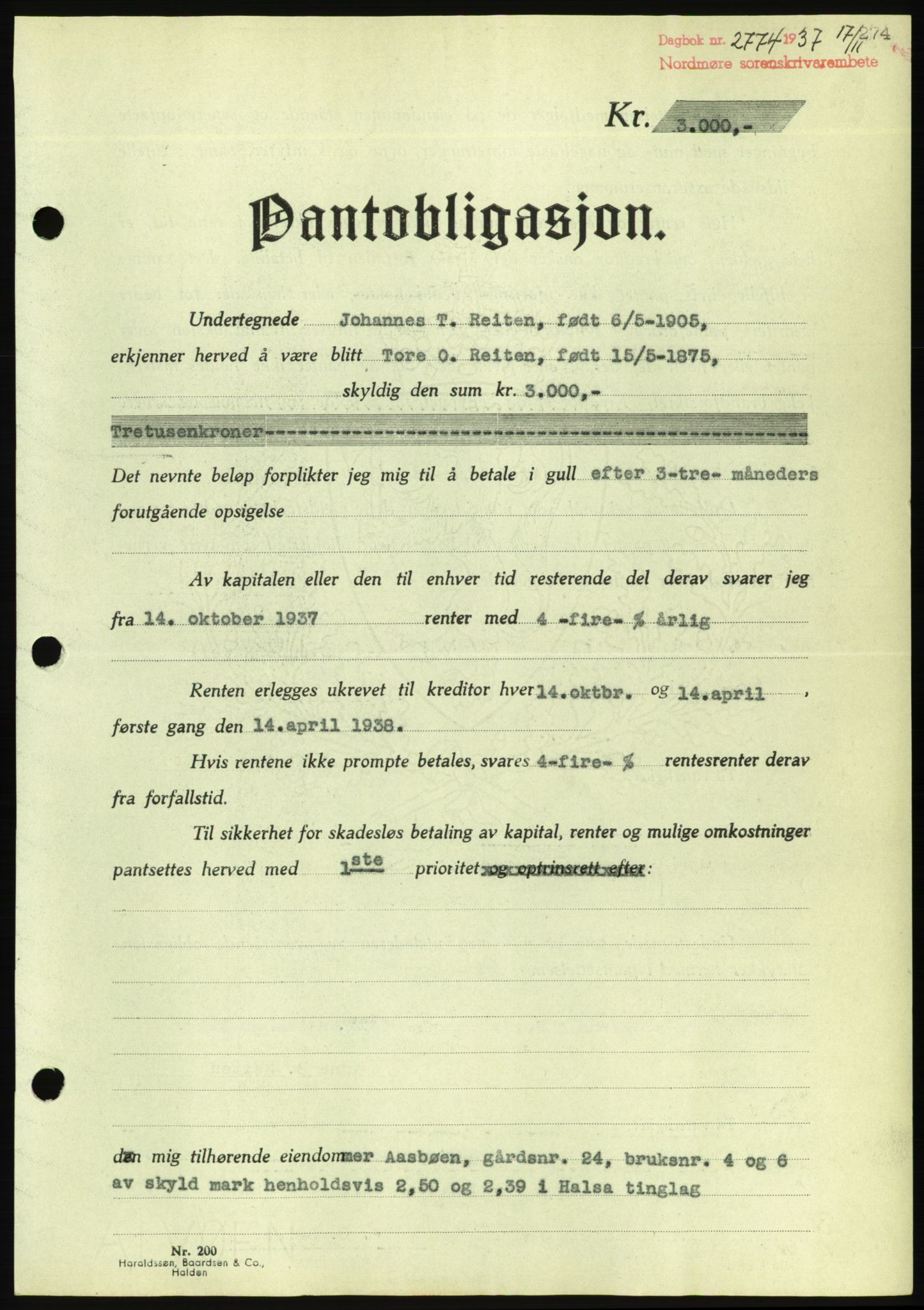 Nordmøre sorenskriveri, AV/SAT-A-4132/1/2/2Ca/L0092: Mortgage book no. B82, 1937-1938, Diary no: : 2774/1937