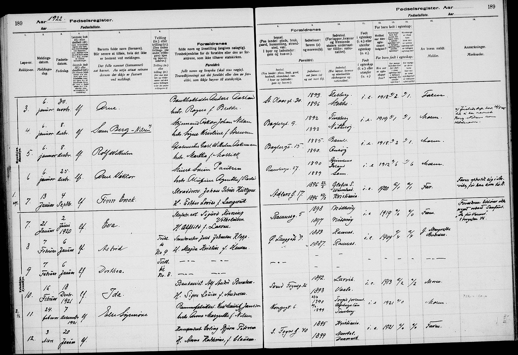 Tønsberg kirkebøker, AV/SAKO-A-330/J/Ja/L0001: Birth register no. 1, 1916-1922, p. 189