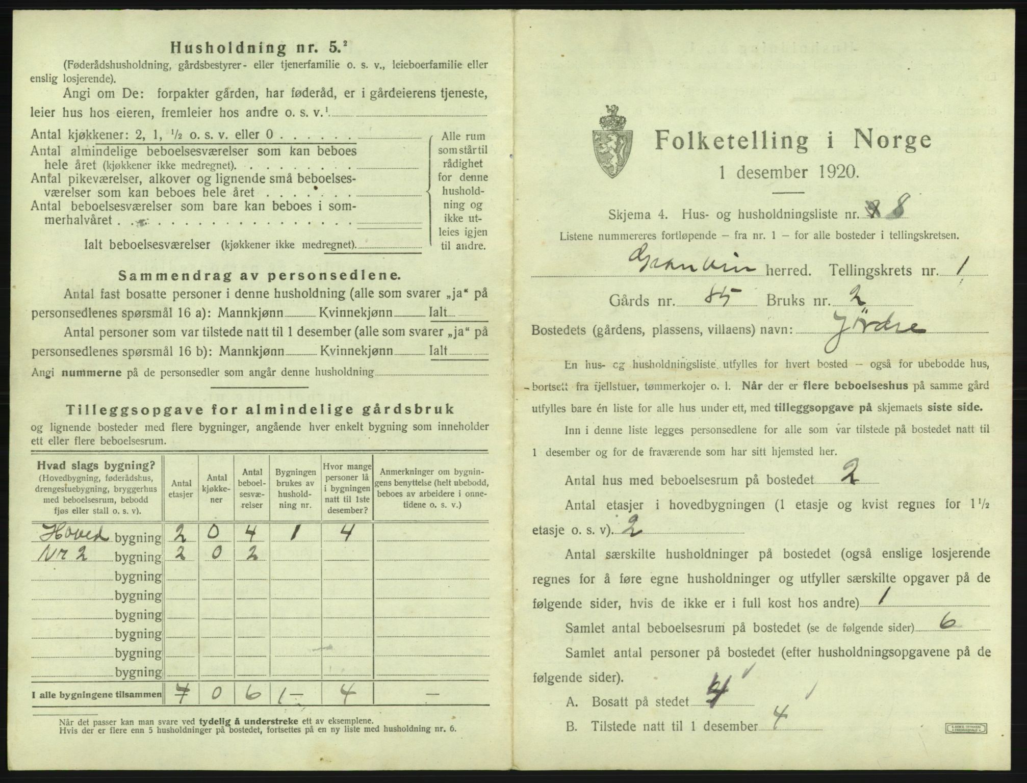 SAB, 1920 census for Granvin, 1920, p. 36