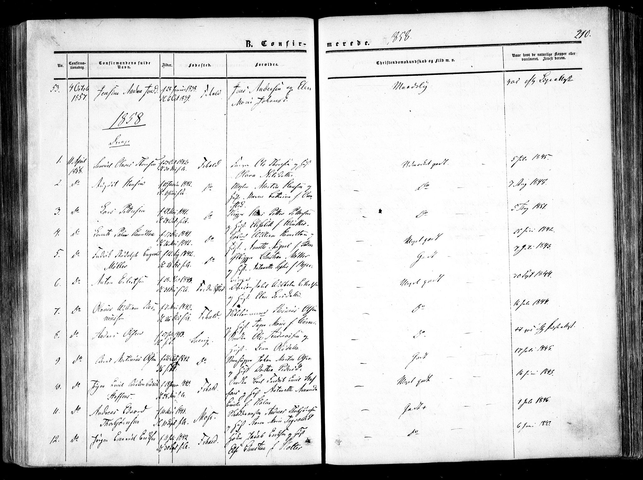 Halden prestekontor Kirkebøker, AV/SAO-A-10909/F/Fa/L0007: Parish register (official) no. I 7, 1857-1865, p. 210