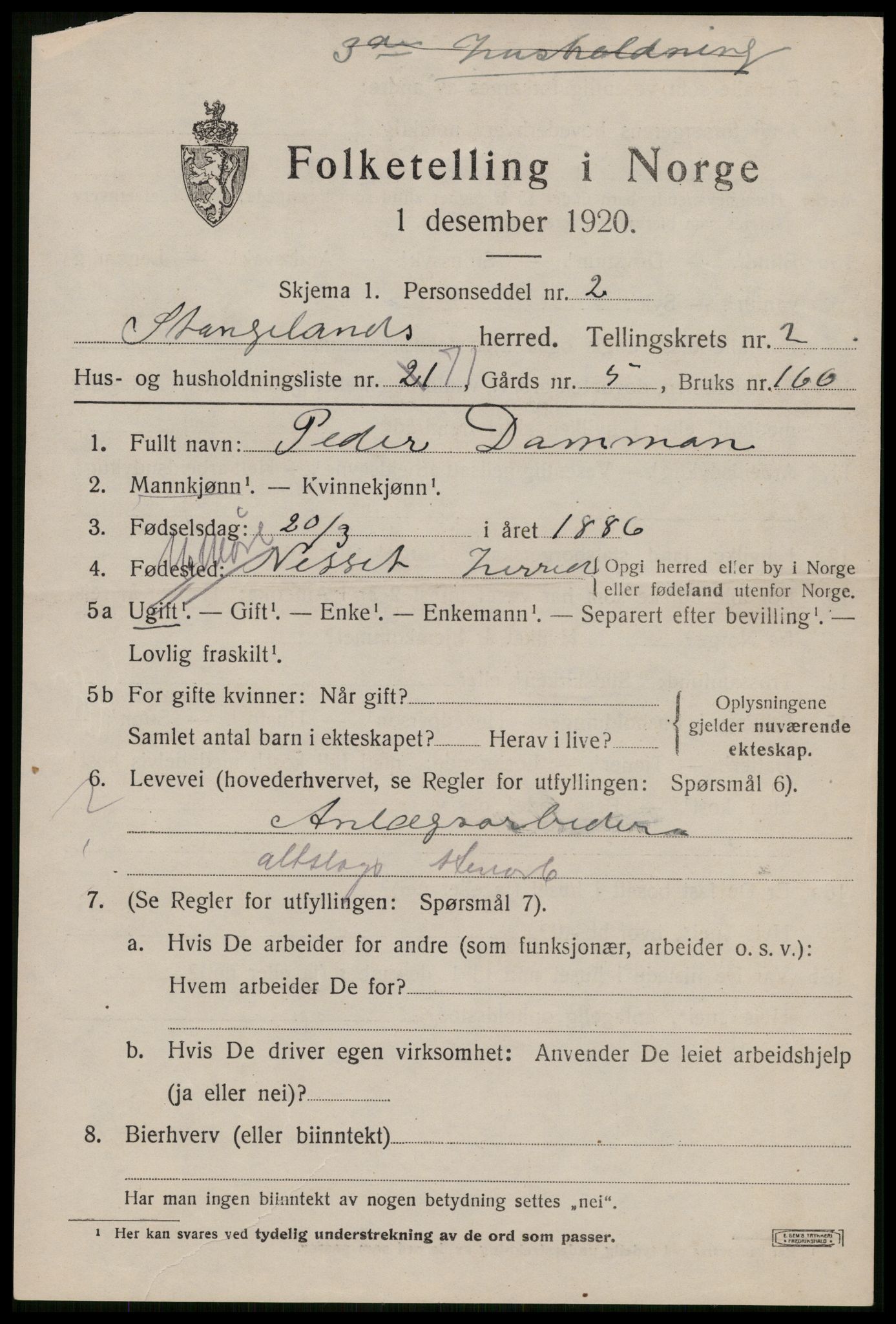 SAST, 1920 census for Stangaland, 1920, p. 2165