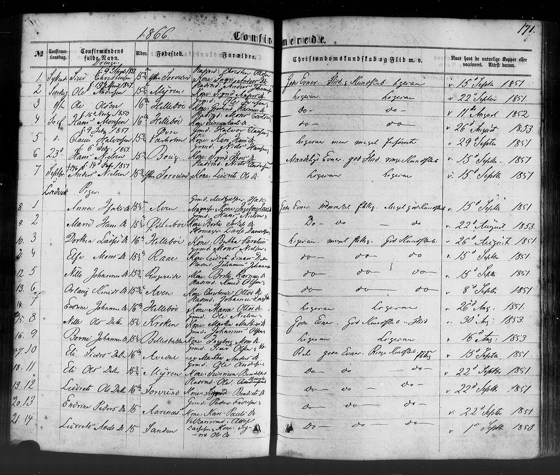 Lavik sokneprestembete, AV/SAB-A-80901: Parish register (official) no. A 4, 1864-1881, p. 171