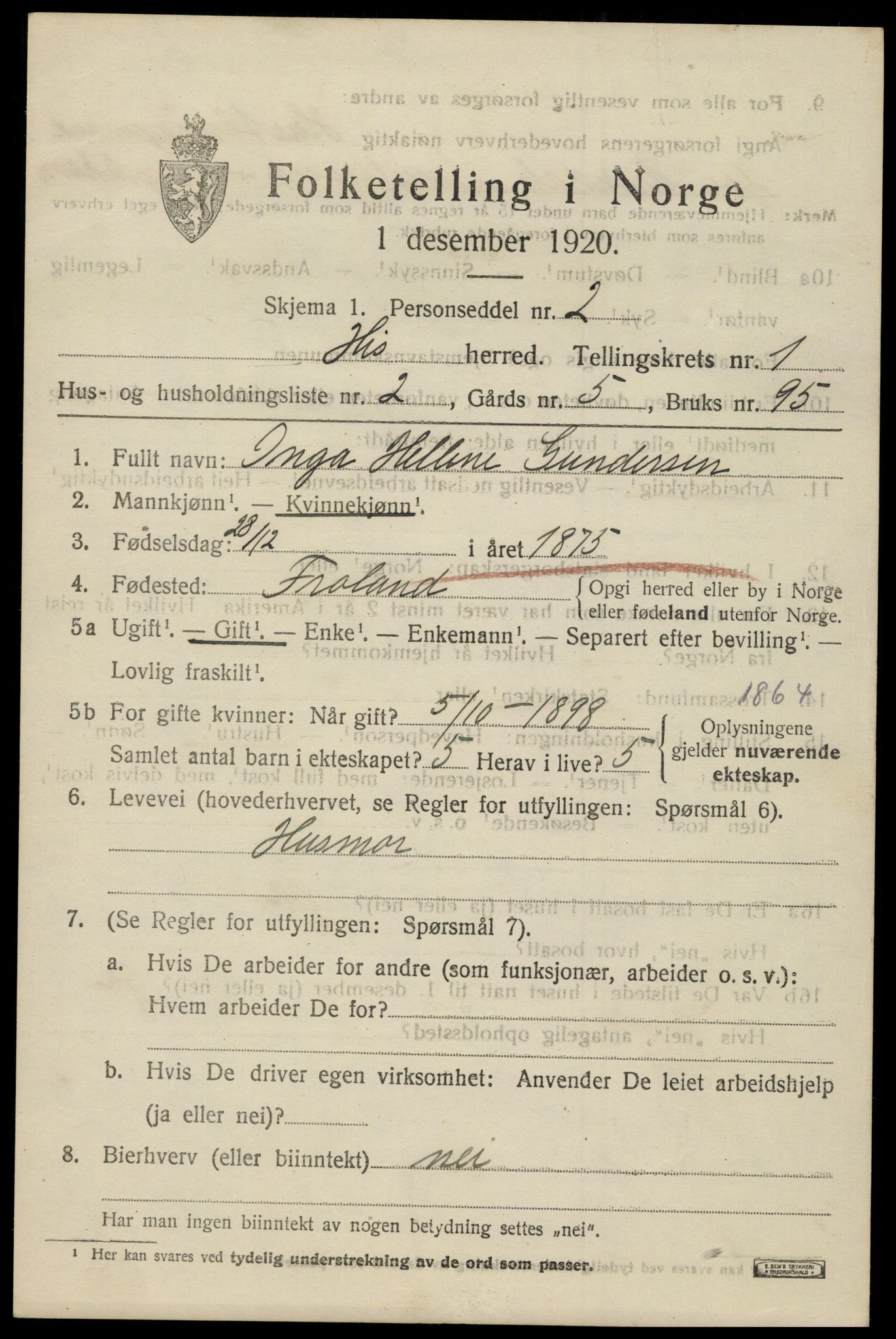 SAK, 1920 census for Hisøy, 1920, p. 1086